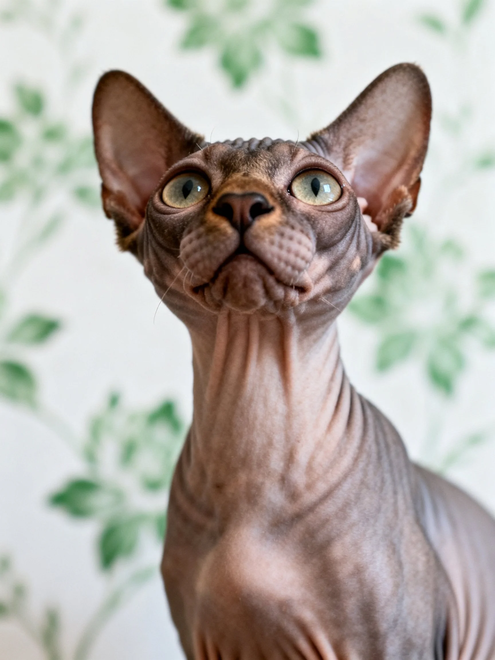 A hairless gray Sphynx cat with large ears and bright eyes