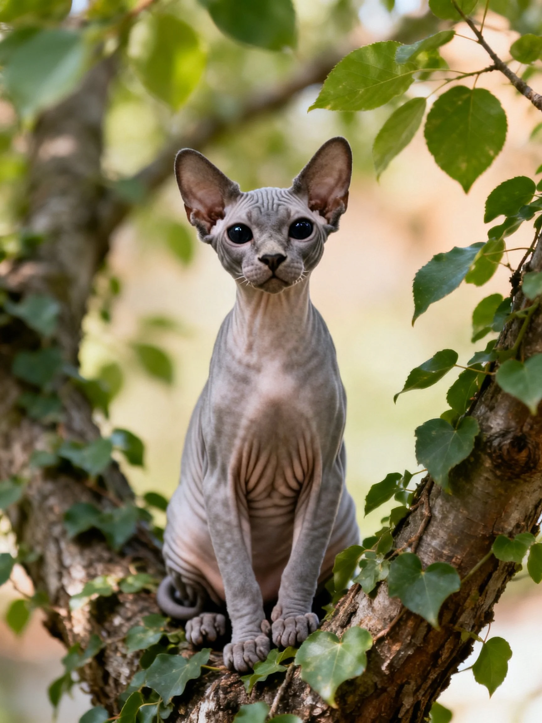 A hairless gray cat perched on a leafy tree branch