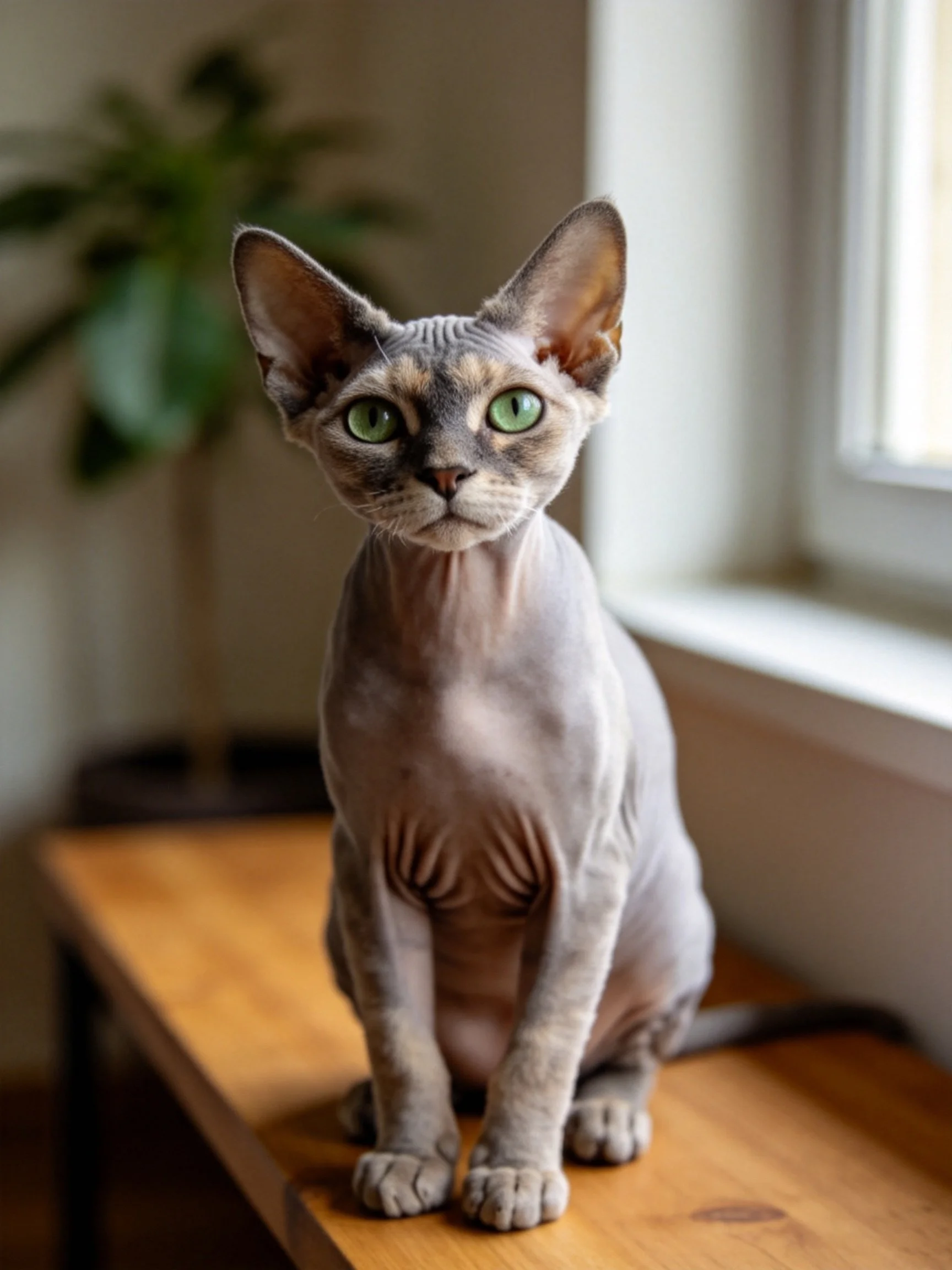 A hairless gray cat sits on a wooden table by a bright window