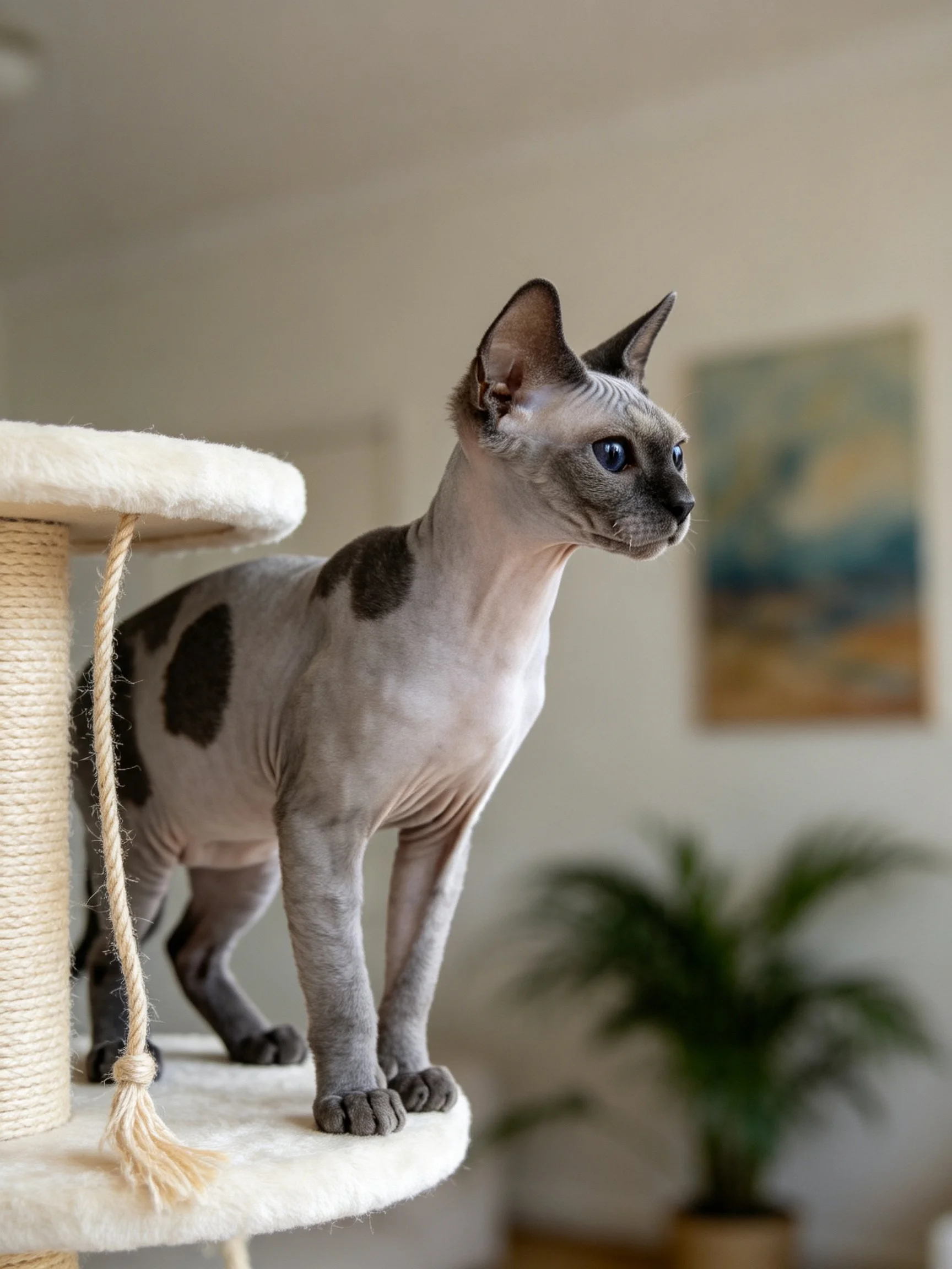 A hairless gray cat with dark markings stands on a cat tree in a softly lit room.