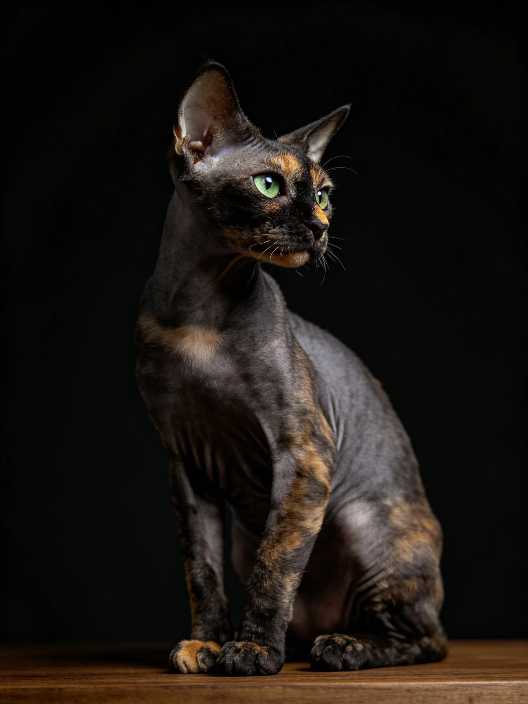 A hairless tortoiseshell cat with green eyes sits on wood