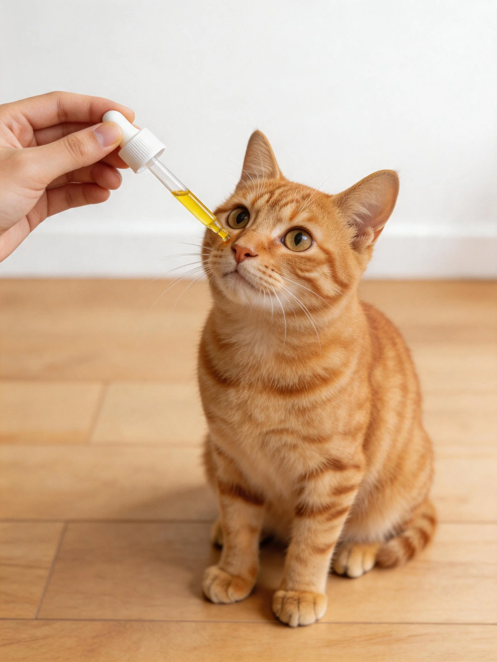 A hand administers yellow eye drops to an orange tabby cat