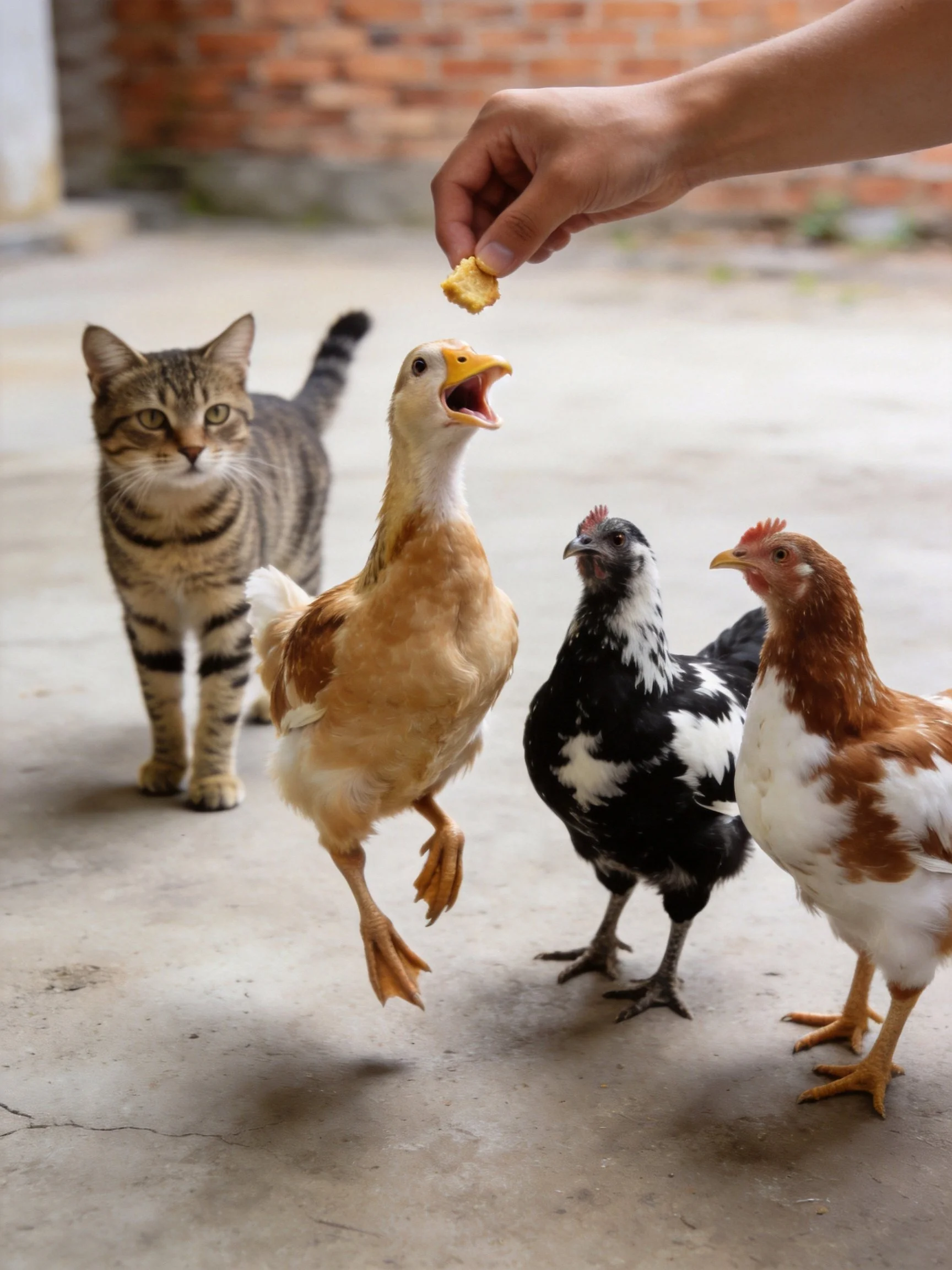A hand feeds a duck, two chickens, and a tabby cat near a brick wall