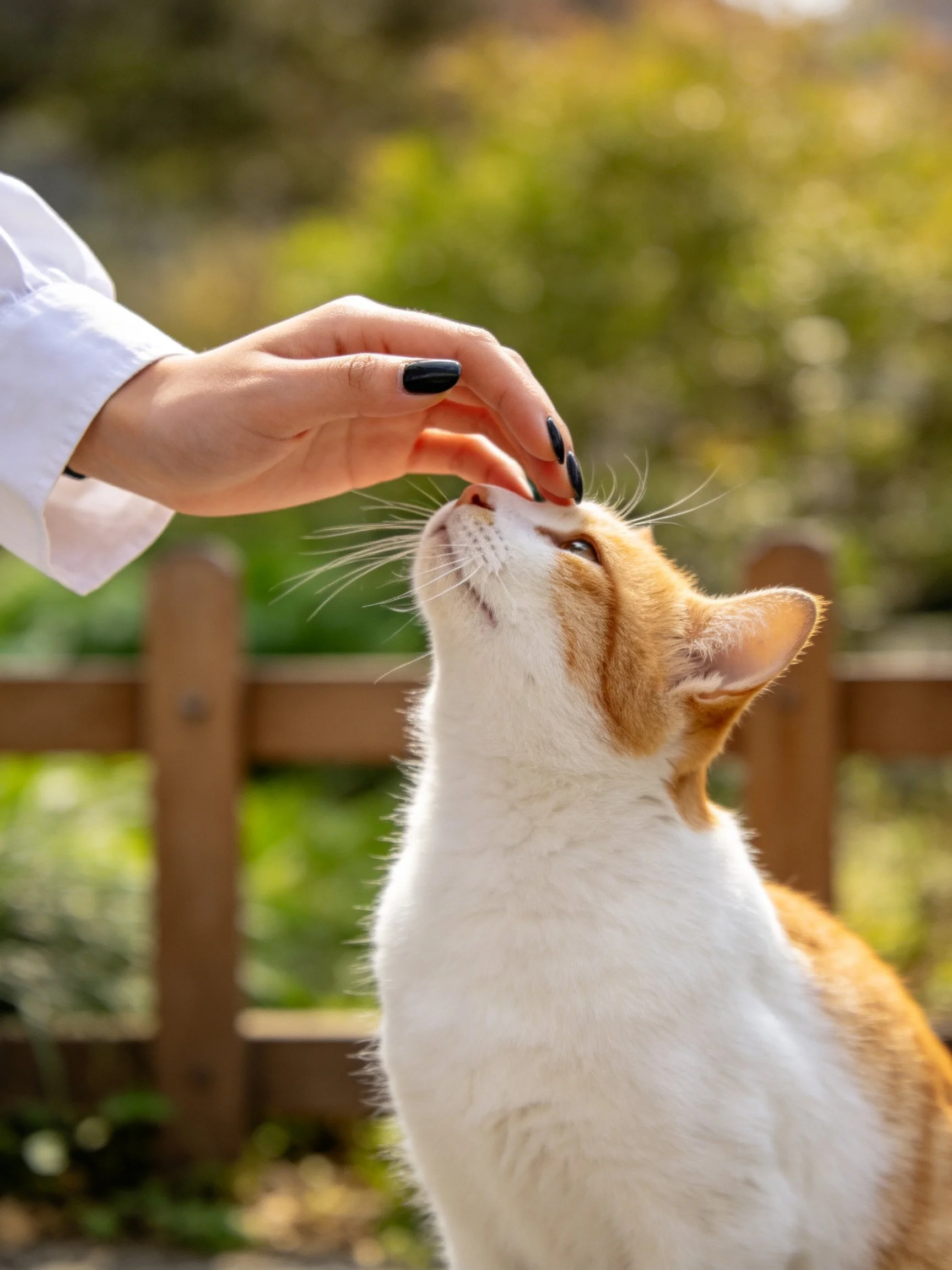 A hand pets an orange and white cat by a wooden fence