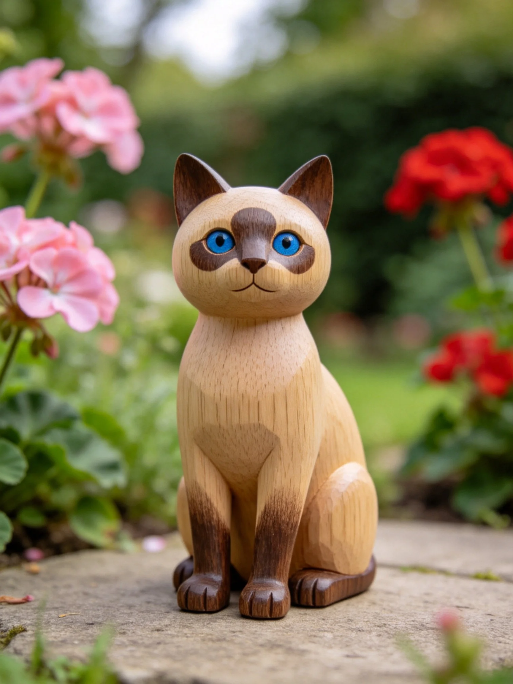 A handcrafted wooden Siamese cat figurine sits among pink and red flowers in a garden.