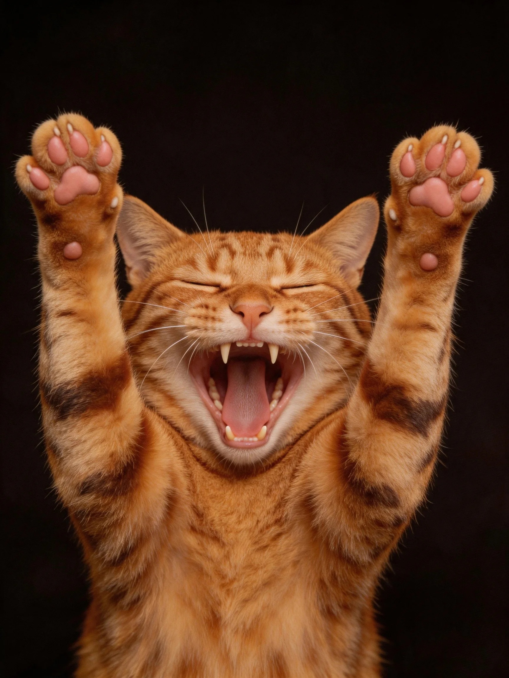 A joyful orange tabby cat raises paws while yawning widely