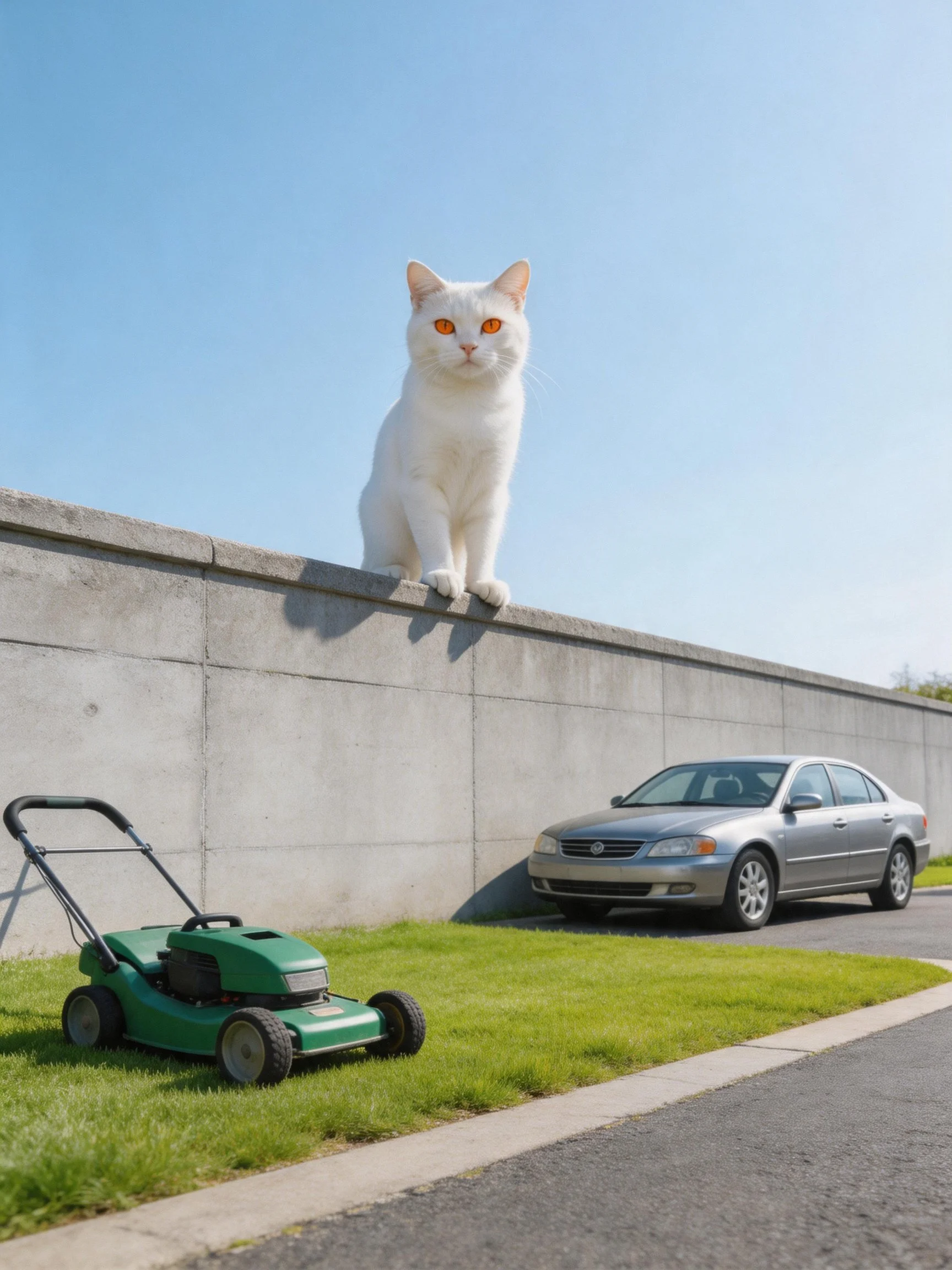 A giant white cat sits on a concrete wall beside a green lawnmower and silver car