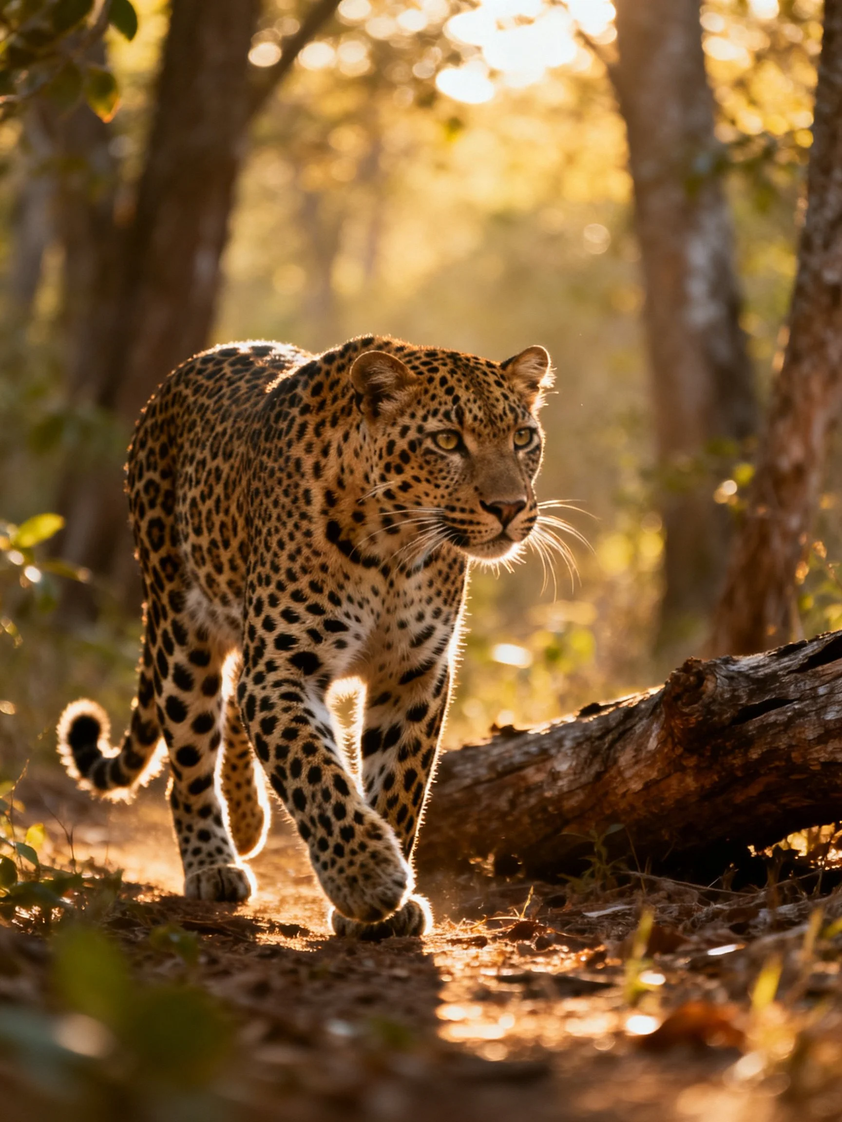 A leopard moves through a sunlit forest environment.
