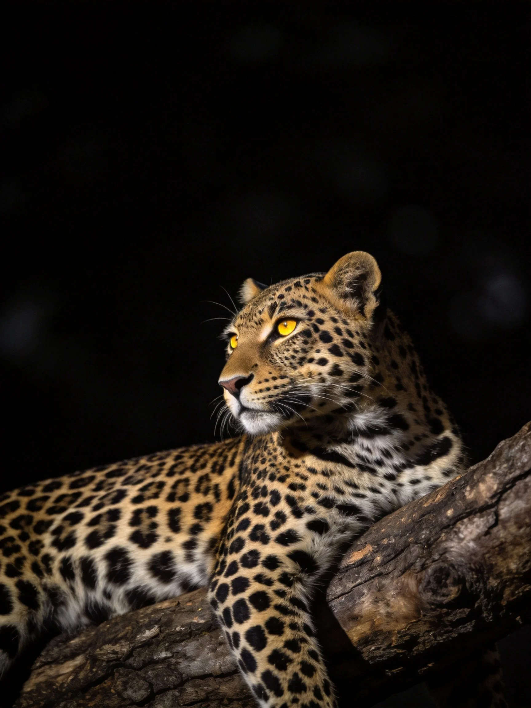 A leopard with bright yellow eyes rests on a tree trunk in a dark environment.
