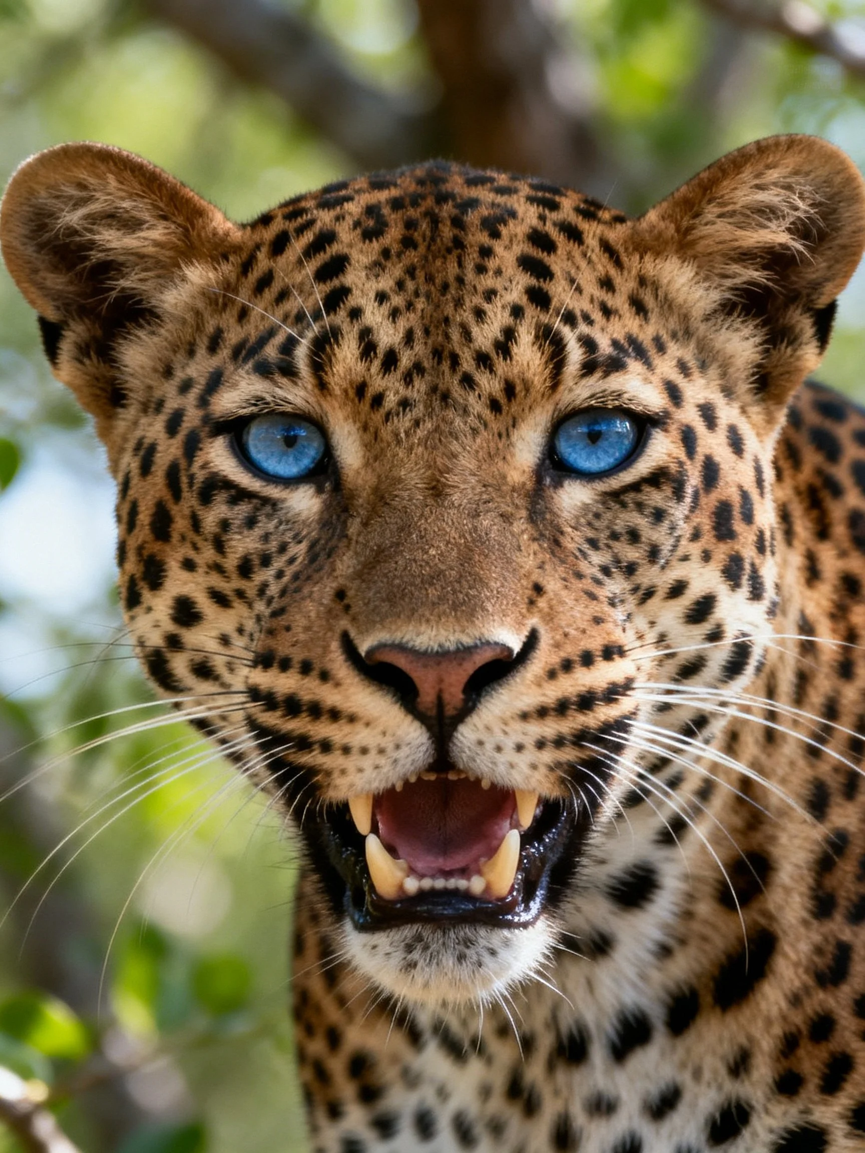 A close - up of a leopard with bright blue eyes and spotted fur in a natural environment.