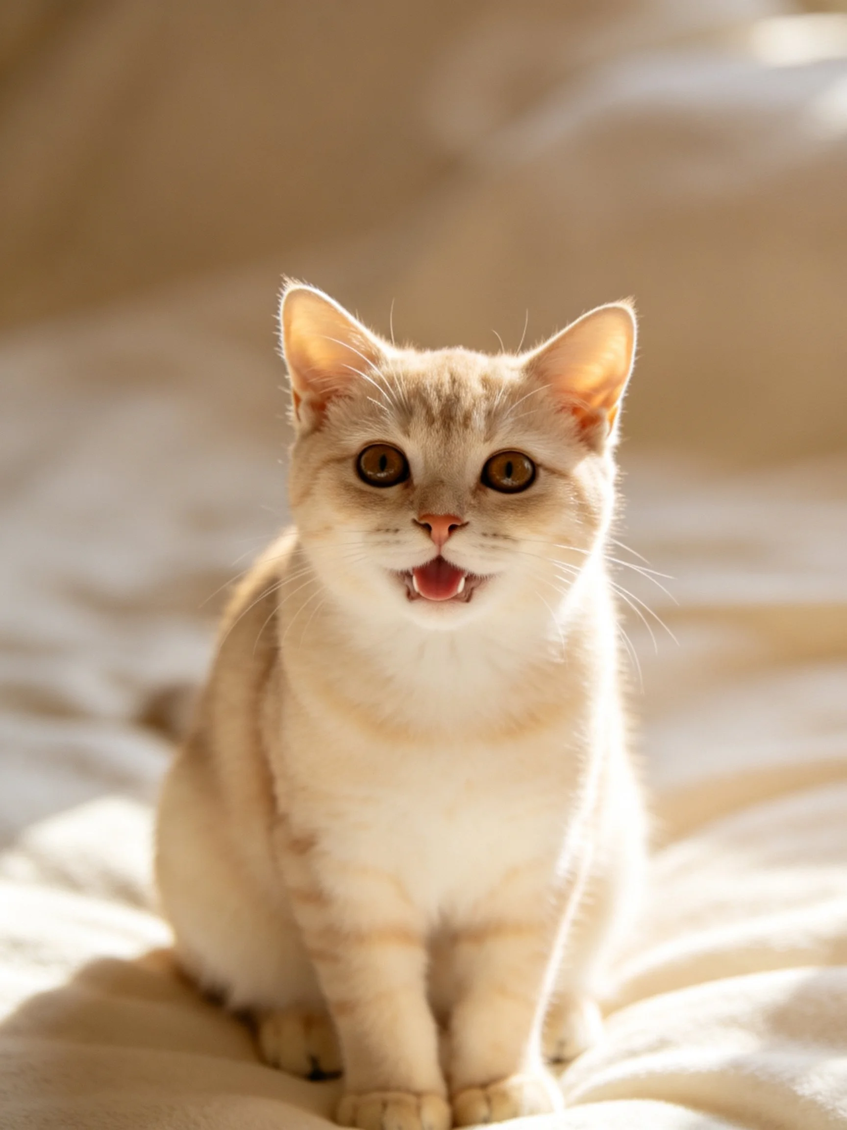 A light beige cat sits on soft fabric under warm sunlight