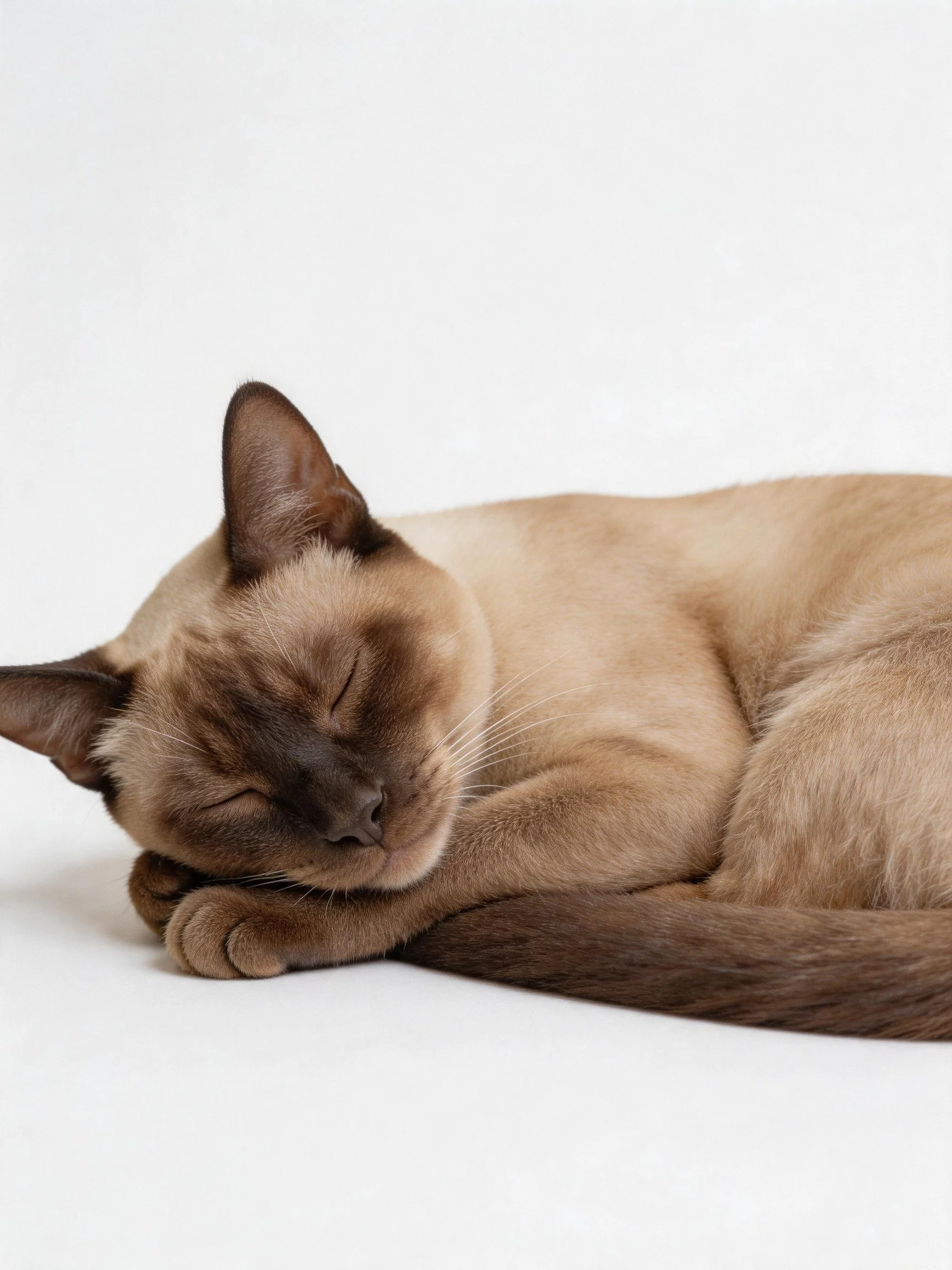 A light brown Siamese cat sleeps peacefully against a white backdrop
