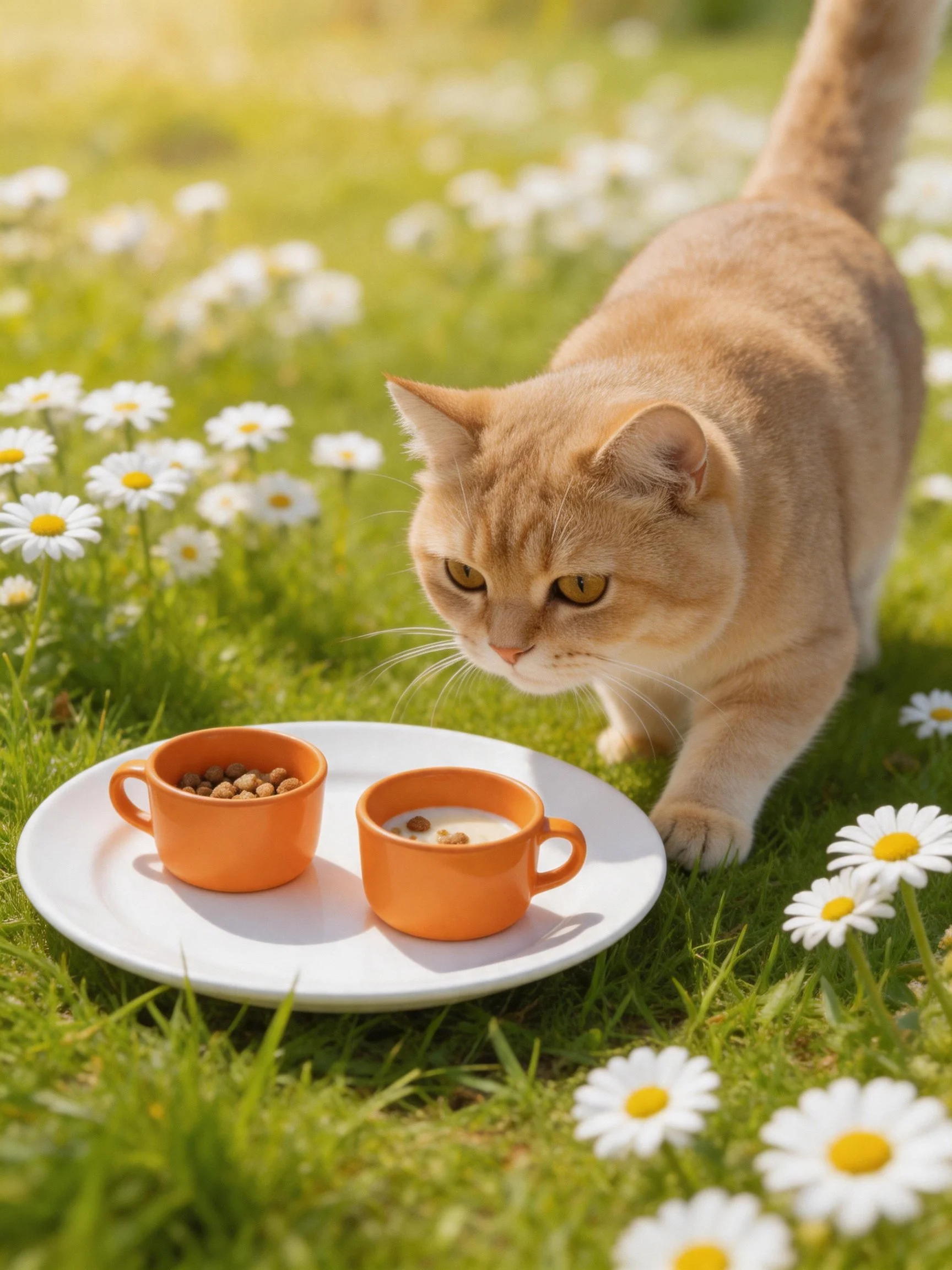 A light brown cat approaches two orange cups on a white plate among daisies