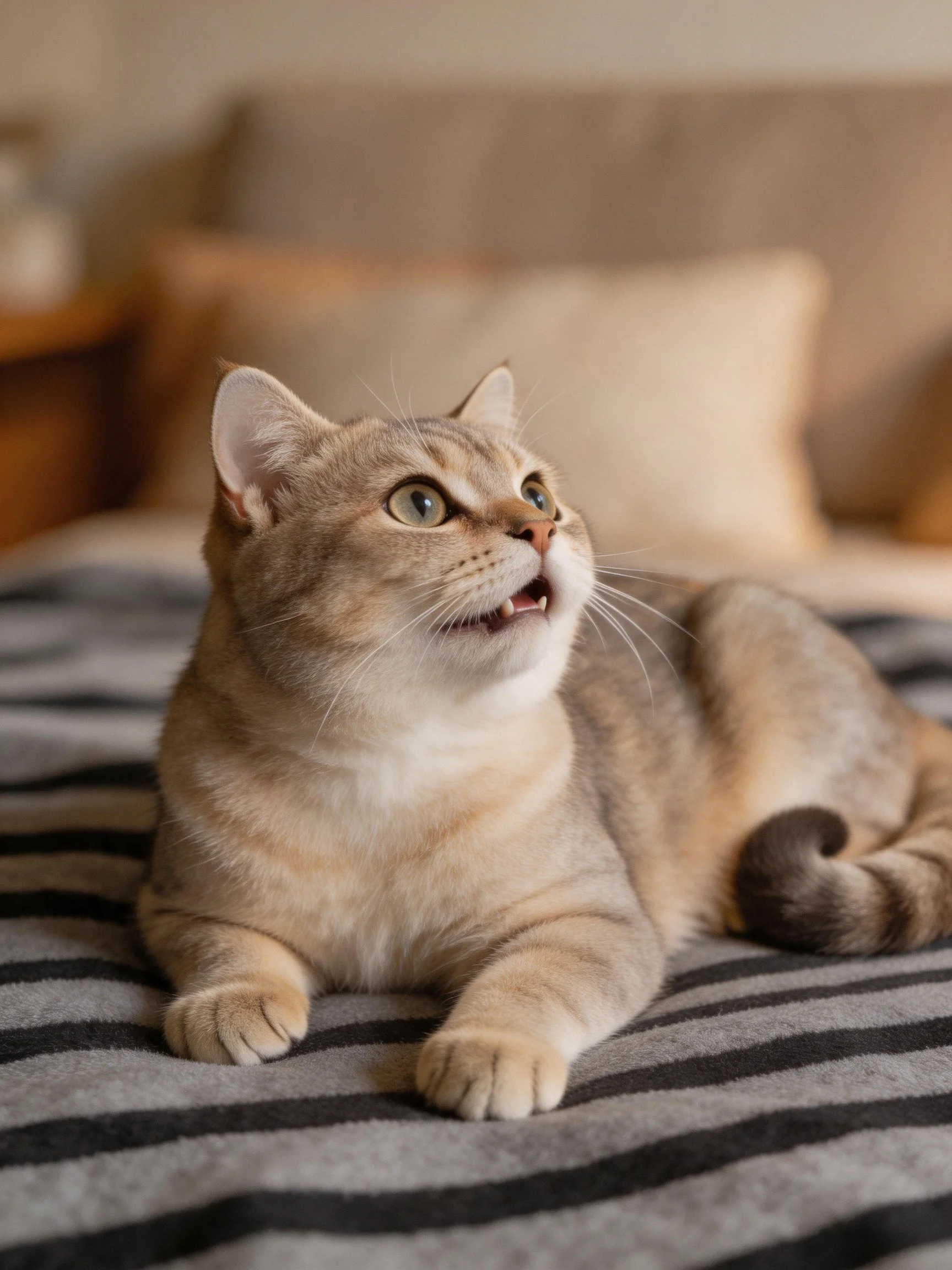 A light brown cat lies on a striped blanket in a cozy room