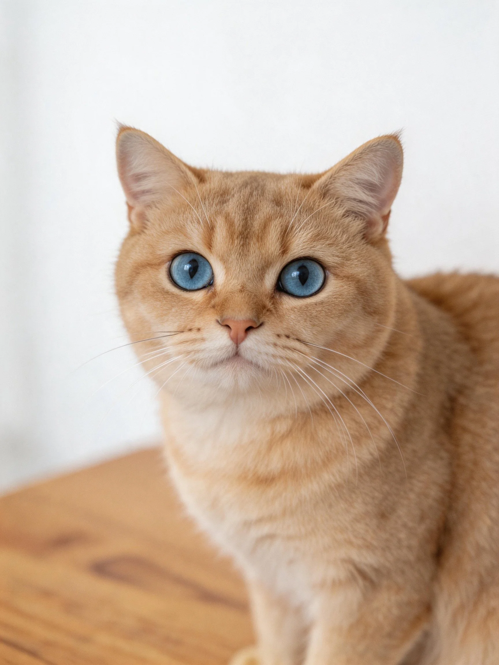 A light brown cat with bright blue eyes sits calmly on a wooden surface