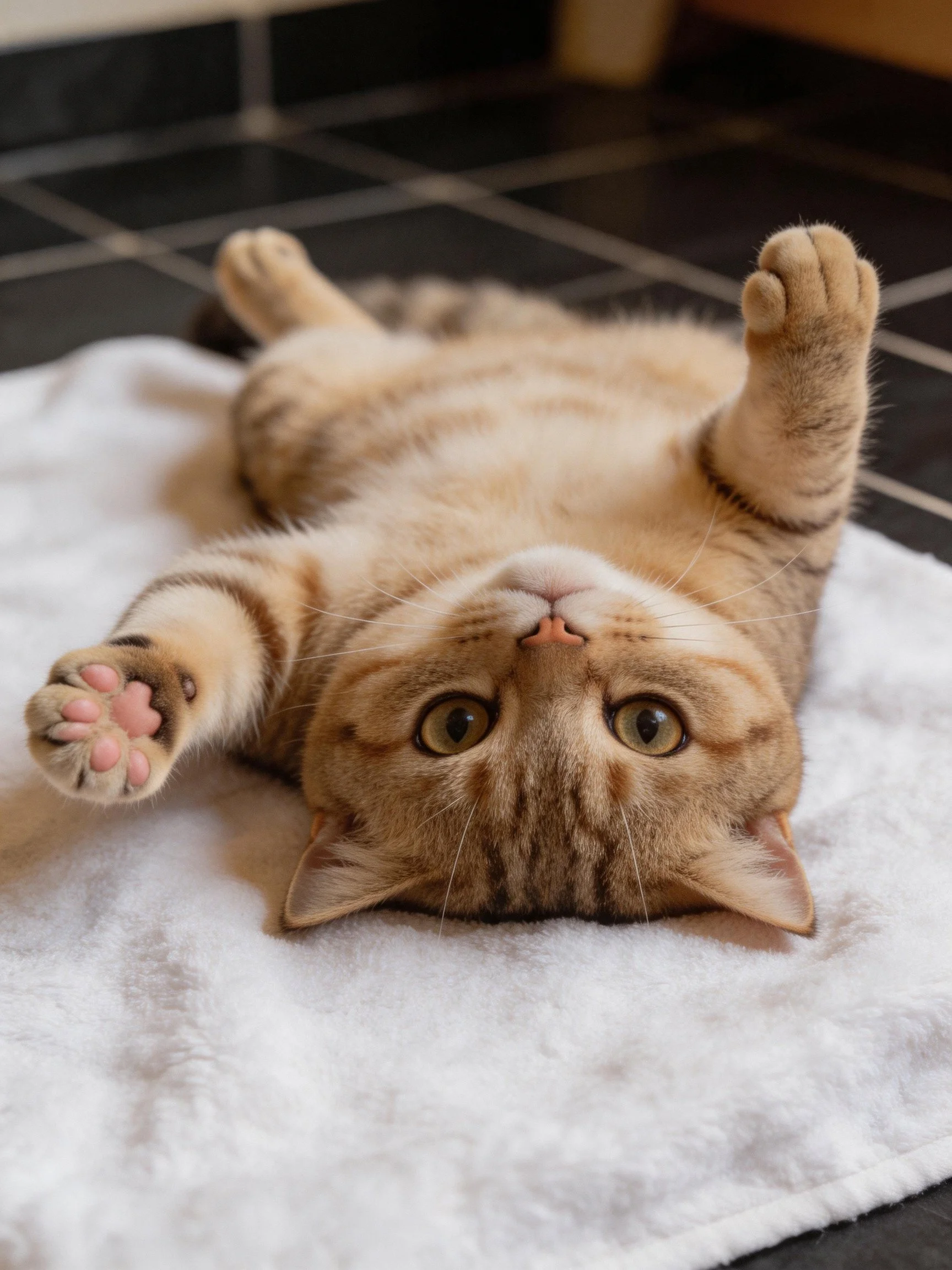 A light brown tabby cat lies upside down on a soft white towel