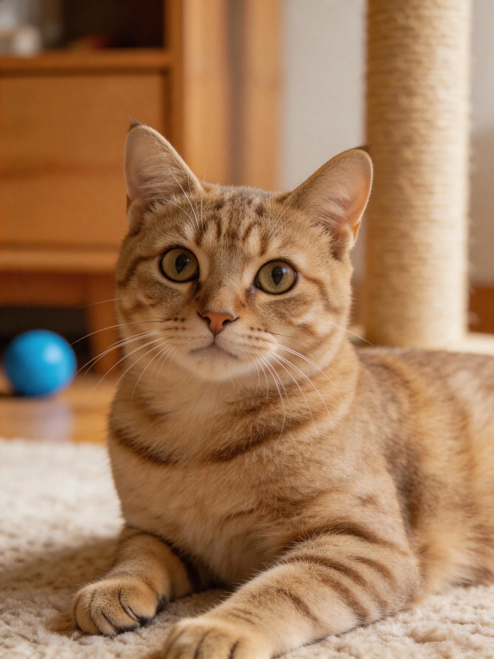 A light brown tabby cat lounges on a soft carpet near wooden furniture and a scratching post