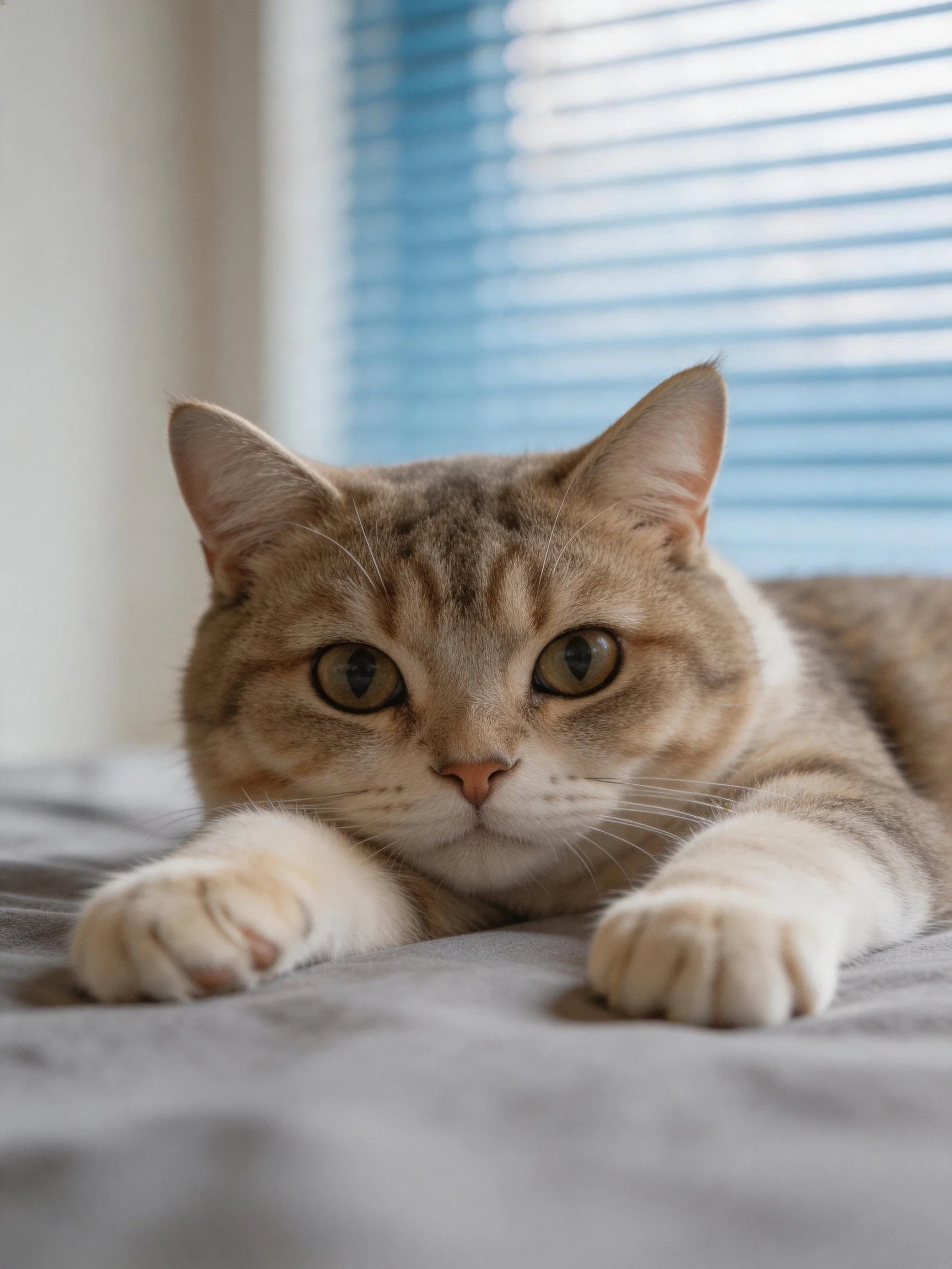 A light brown tabby cat resting on a gray fabric near blue window blinds