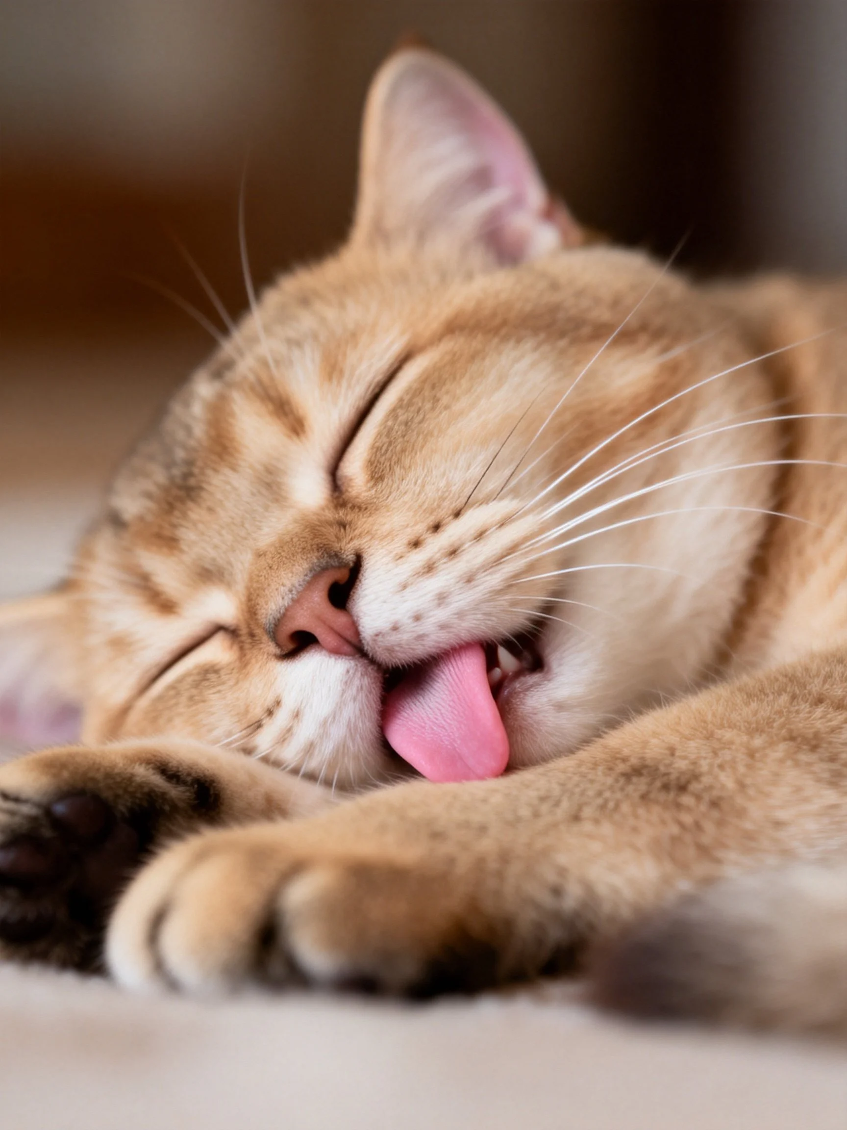 A light brown tabby cat sleeping with eyes closed, licking tongue