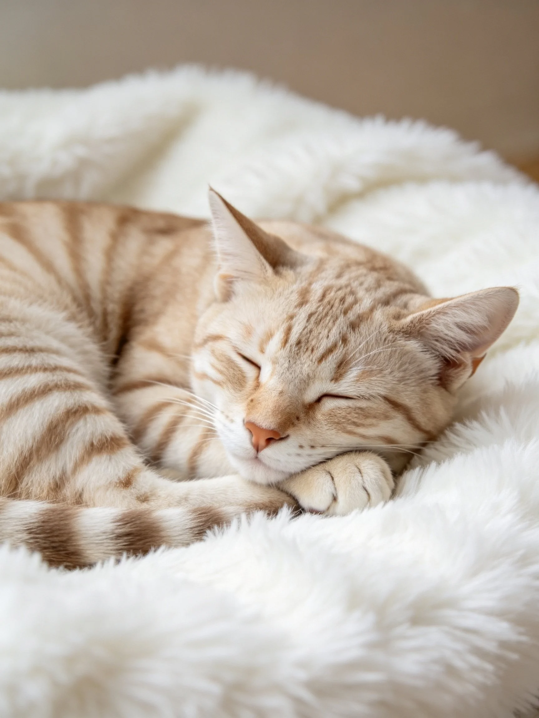 A light brown tabby cat sleeps on a soft white plush bed