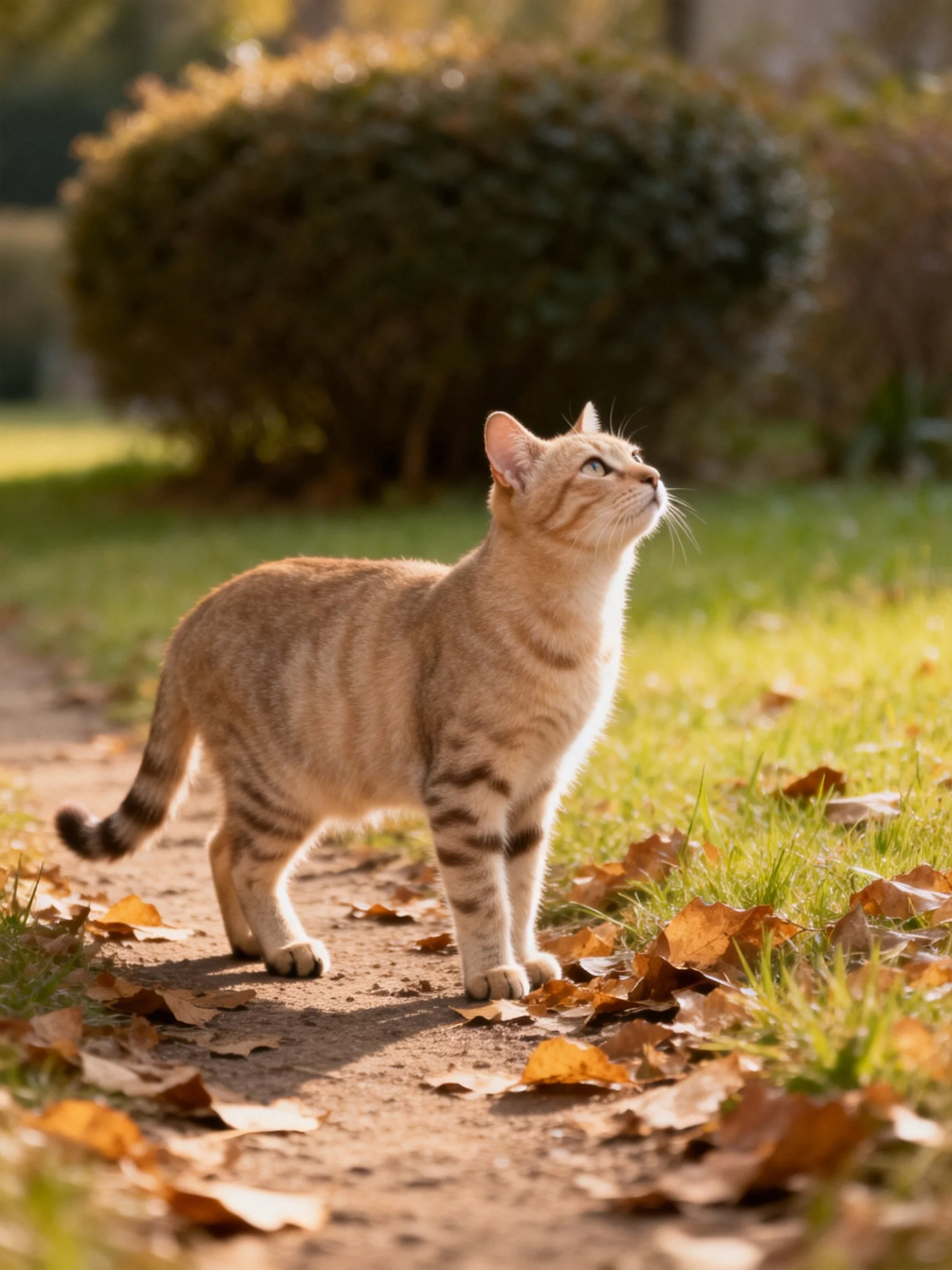 A light brown tabby cat explores a leaf-covered path beside green bushes in sunny weather.