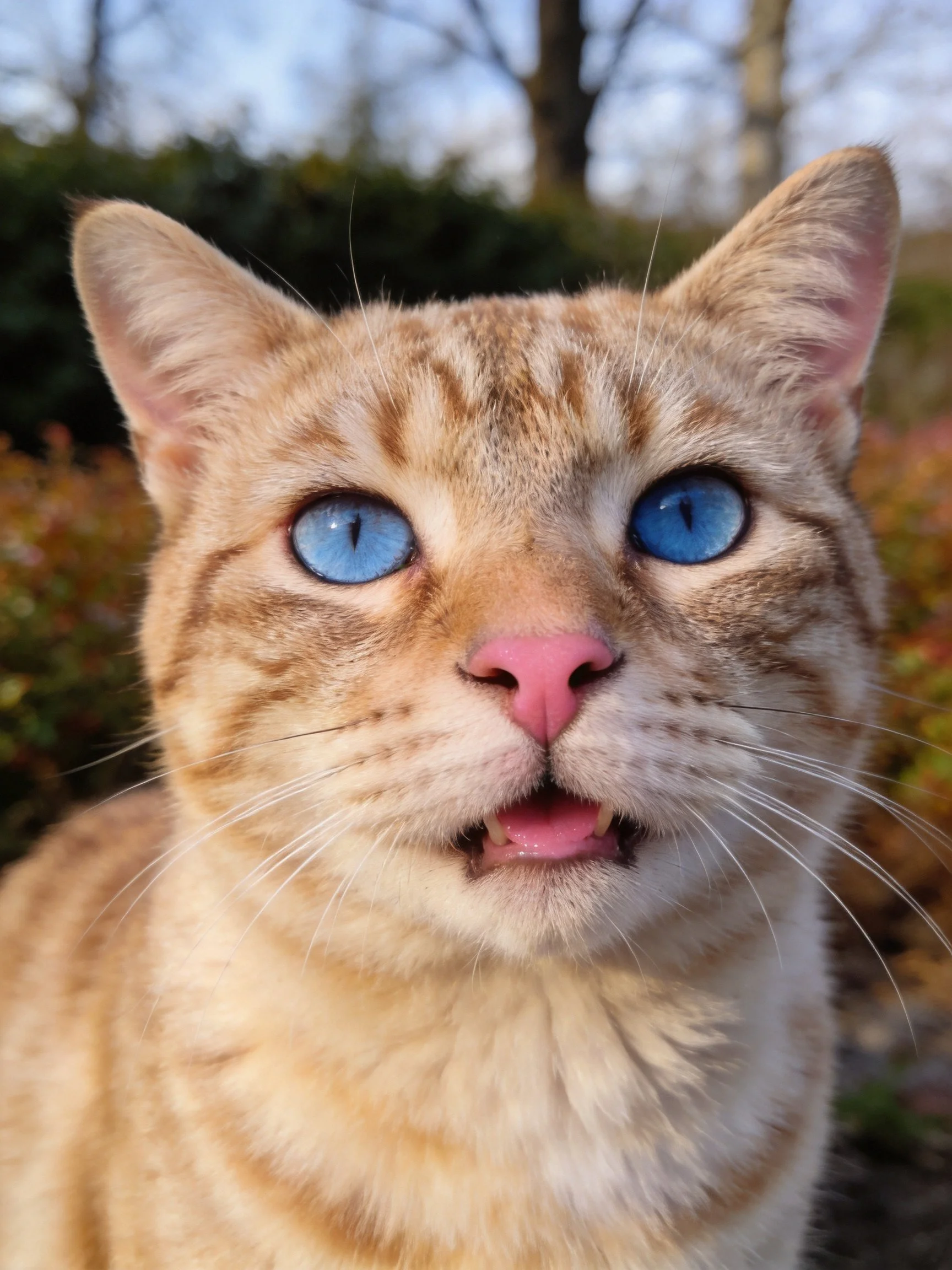 A light brown tabby cat with striking blue eyes in an outdoor environment