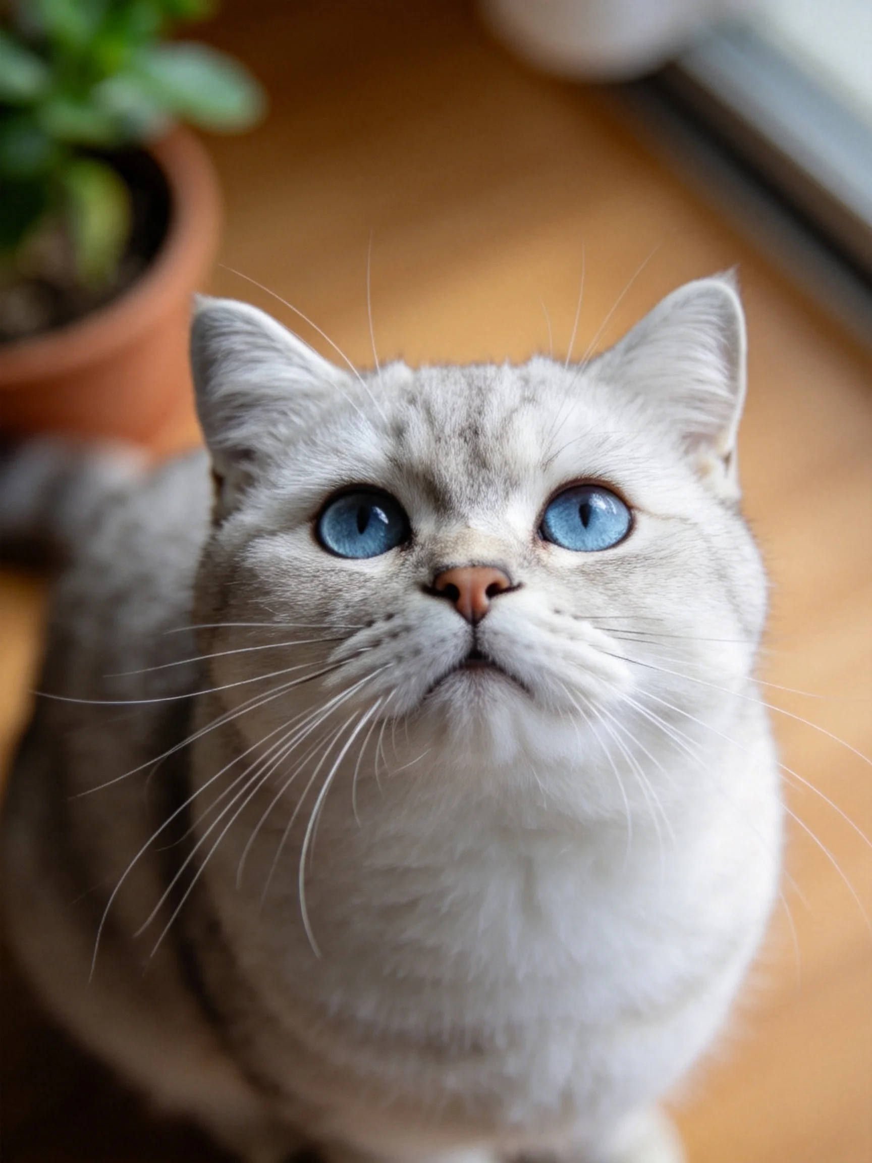 A white cat with blue eyes gazes upward near a potted plant on wood flooring