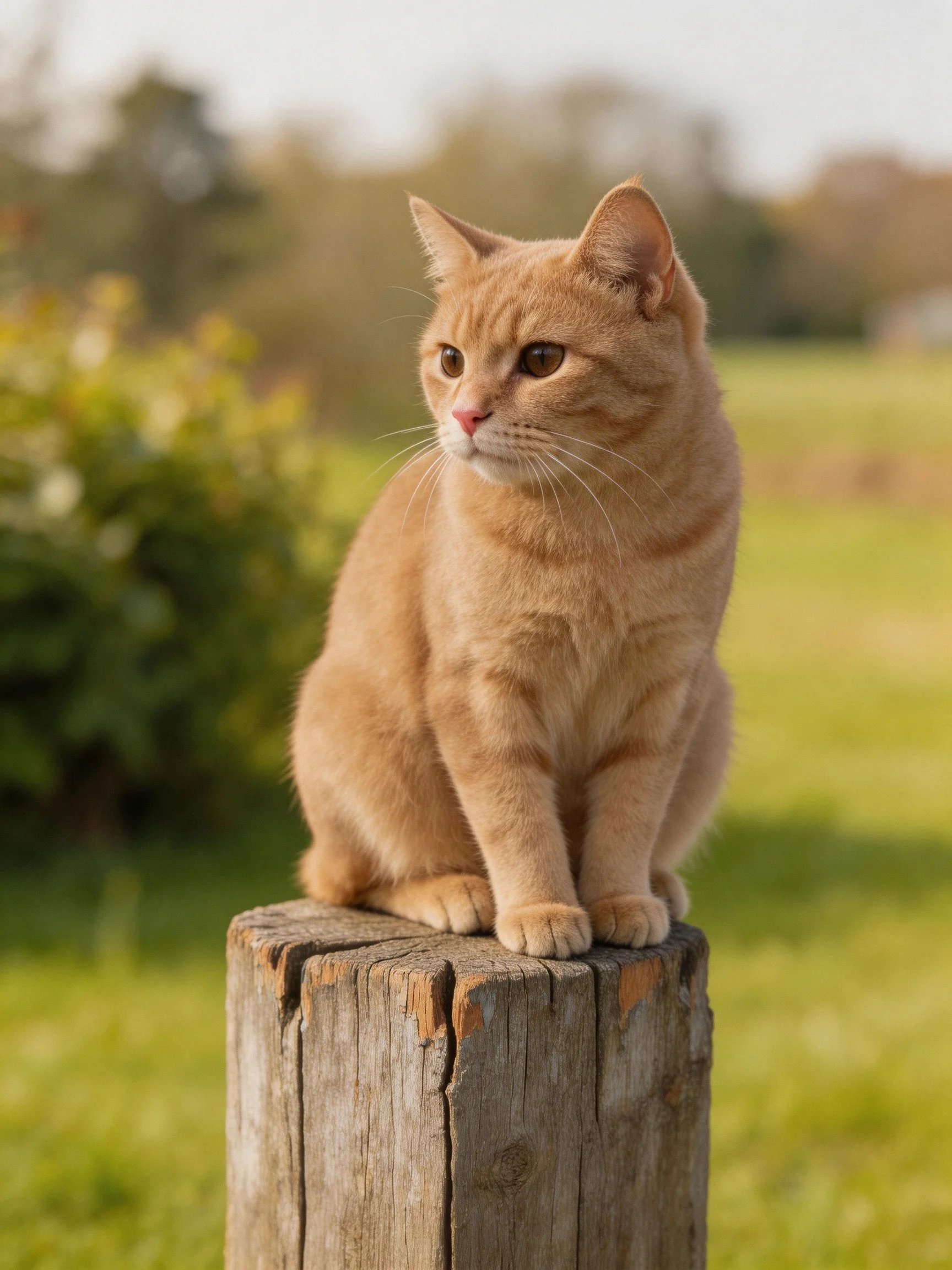 A light orange cat perches on a weathered wooden post in a green field
