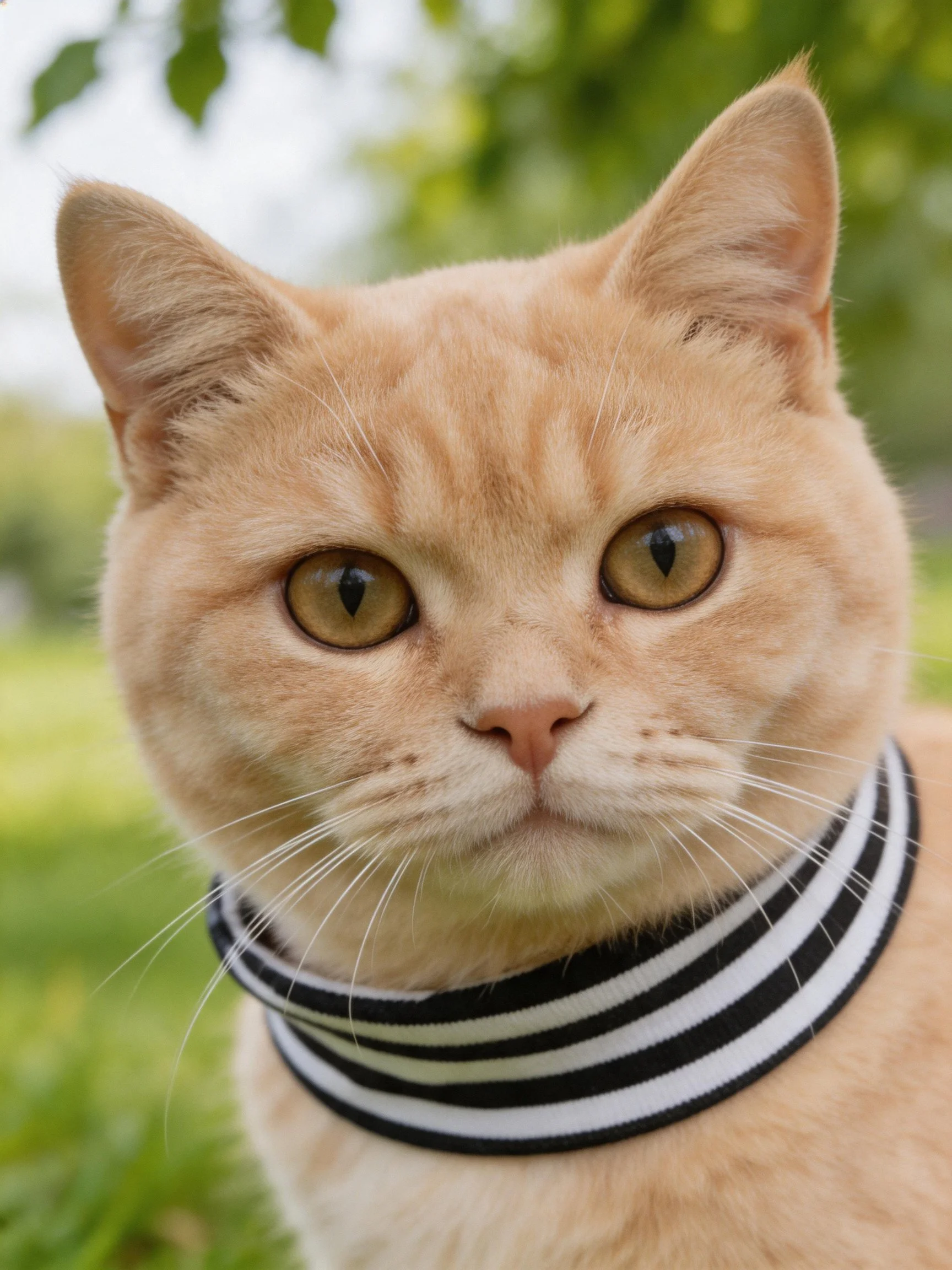 A light orange cat with a black-and-white striped collar is in a green outdoor setting.
