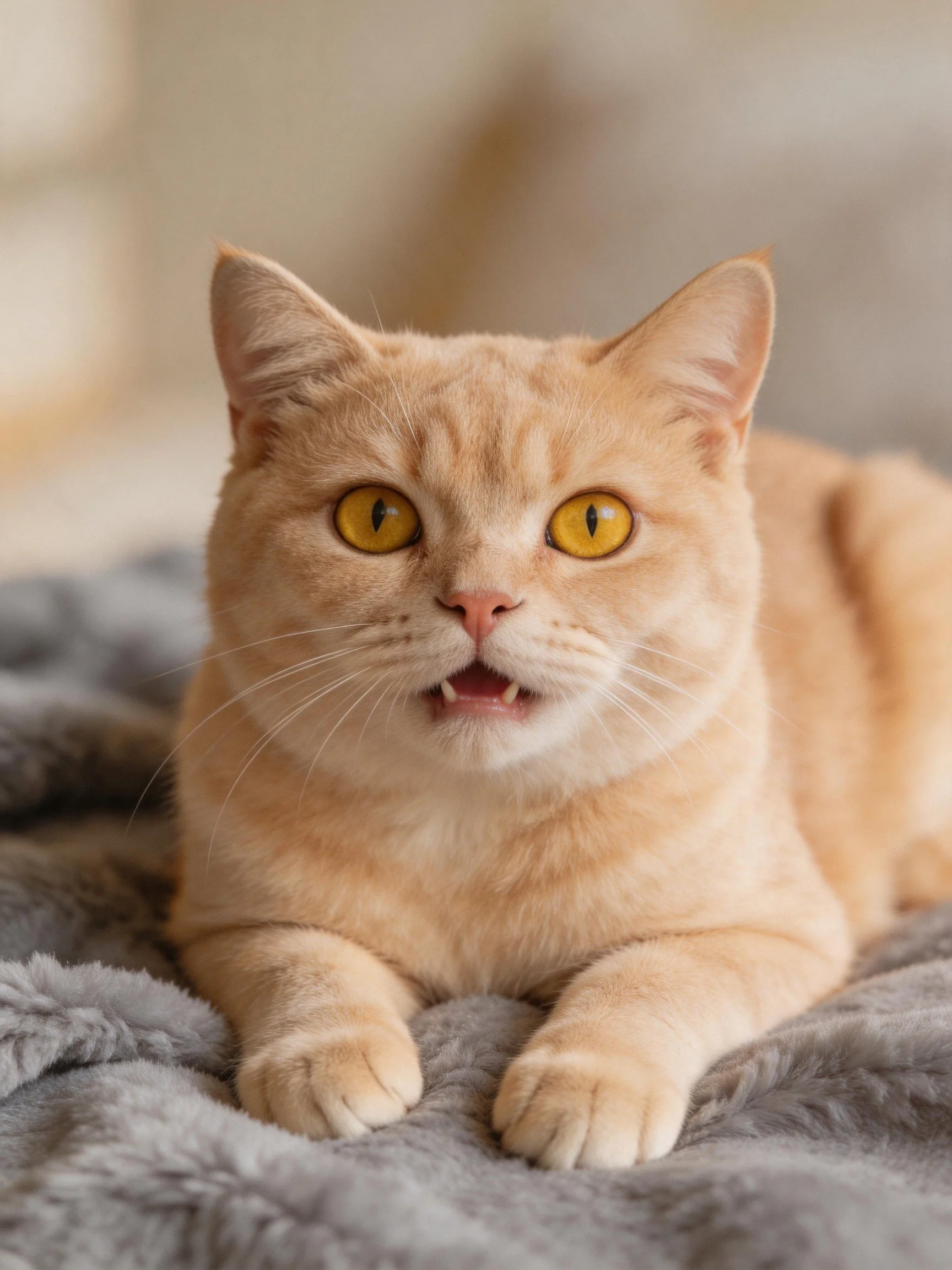 A light orange cat with yellow eyes relaxes on a gray blanket.