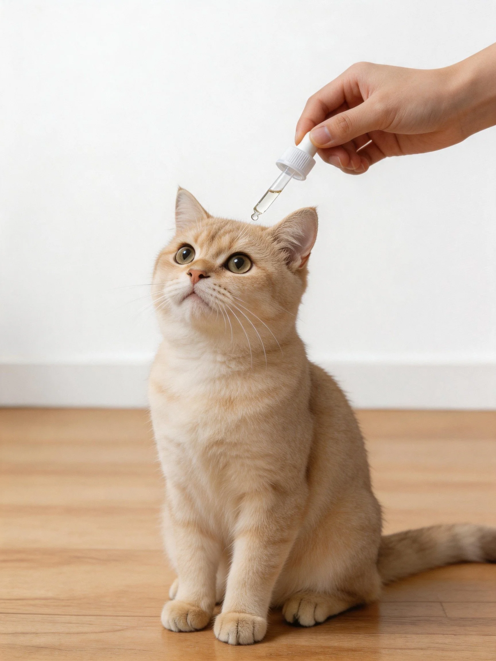 A light tan cat gets dropper treatment on a wooden floor