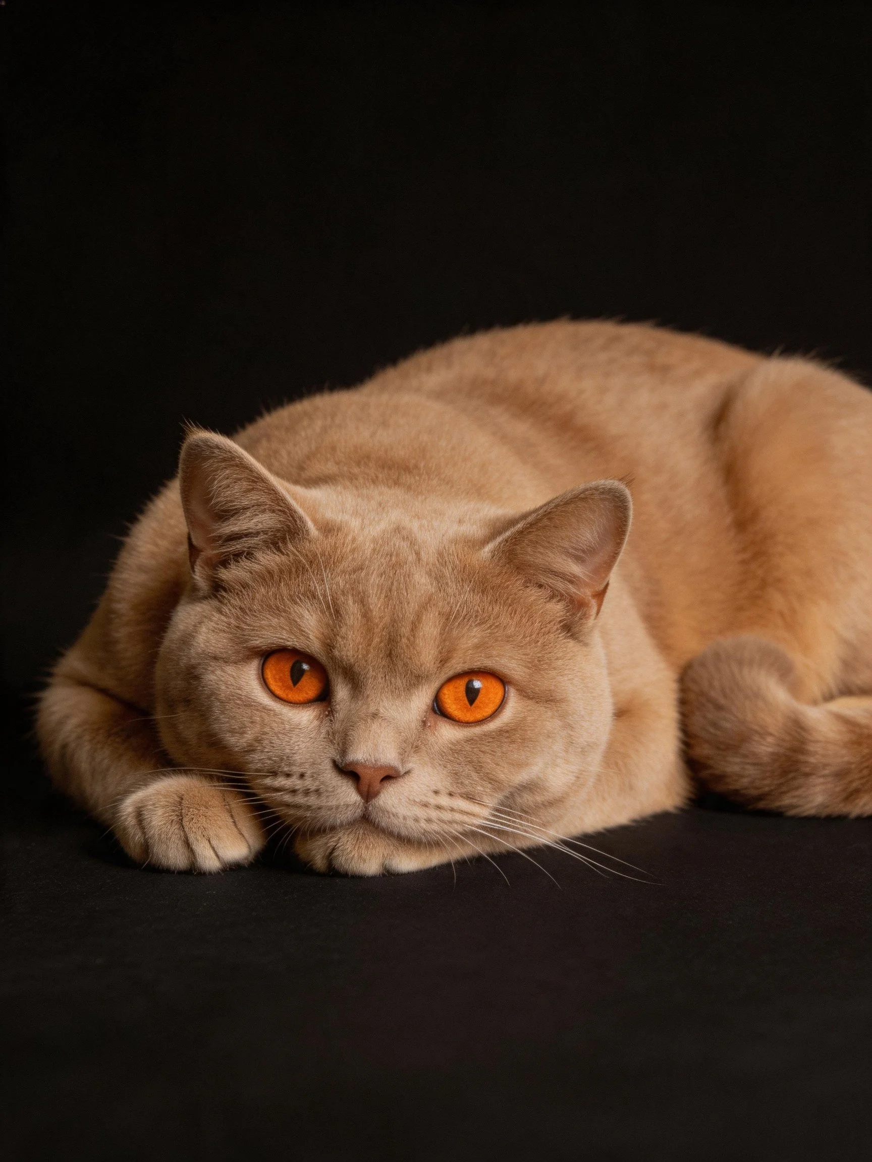 A light tan cat with bright orange eyes rests on a black surface