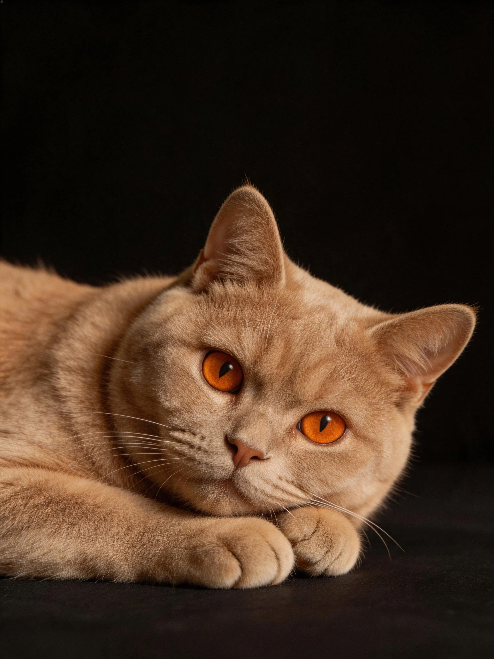 A light tan cat with vibrant orange eyes rests against a black backdrop.