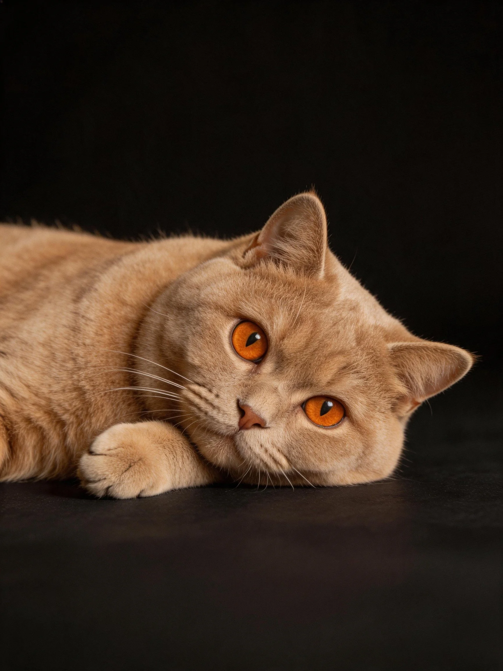 A light tan cat with vivid orange eyes rests against a black surface