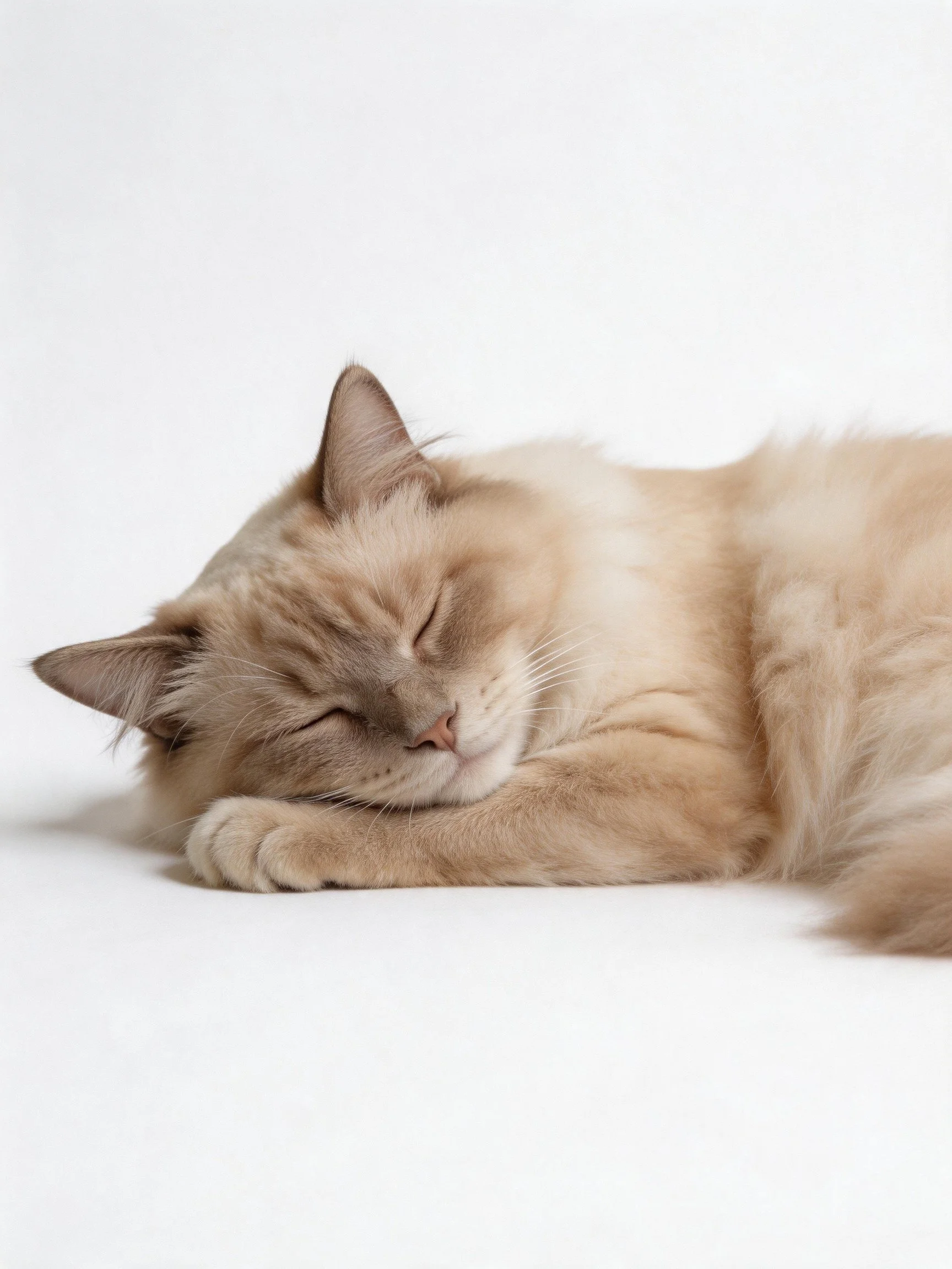 A light tan long-haired cat sleeps on a white surface