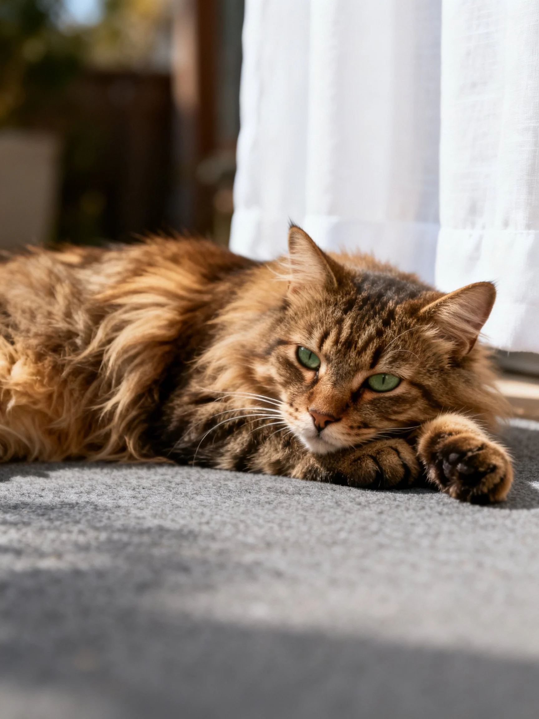 A long-haired brown tabby cat rests on a gray carpet near white curtains