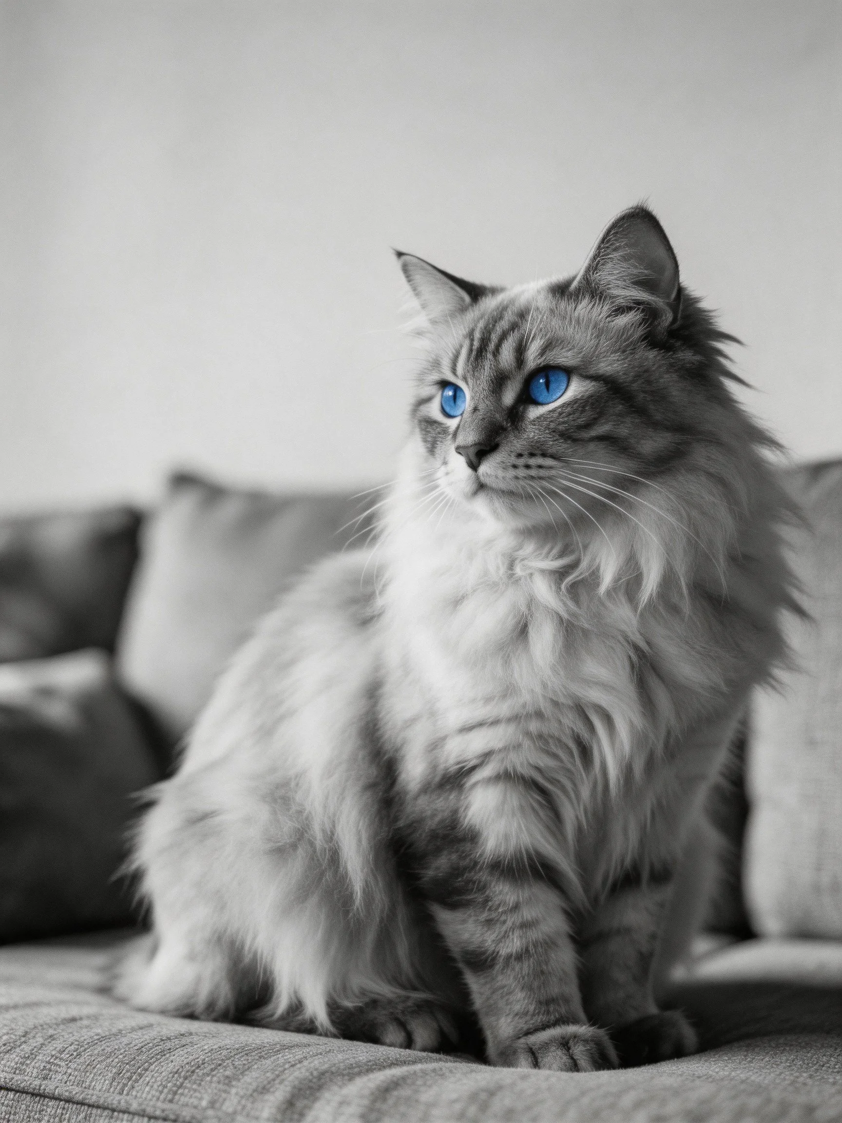 A long-haired cat with striking blue eyes sits on a couch