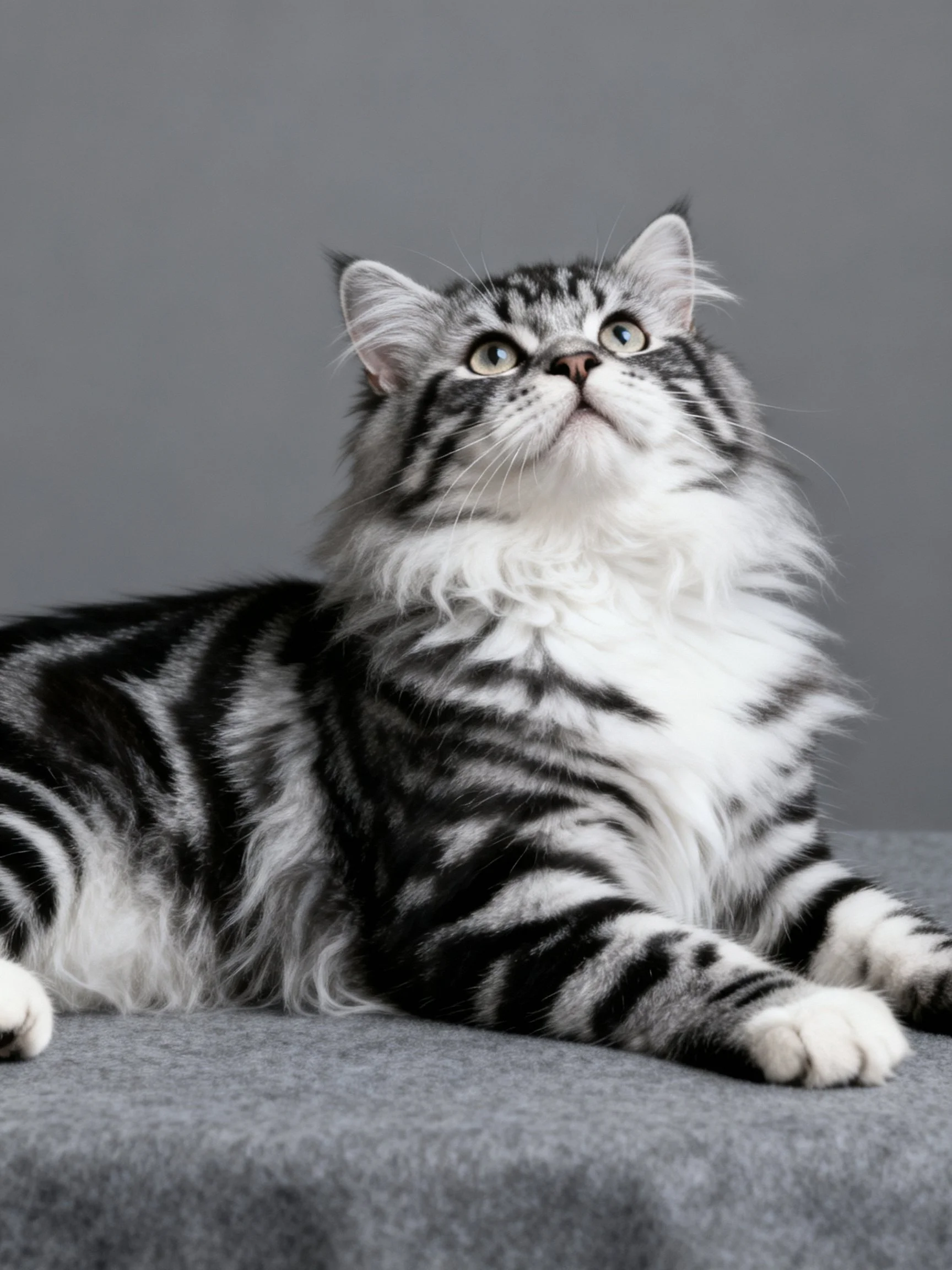 A long - haired silver and black tabby cat resting on gray fabric