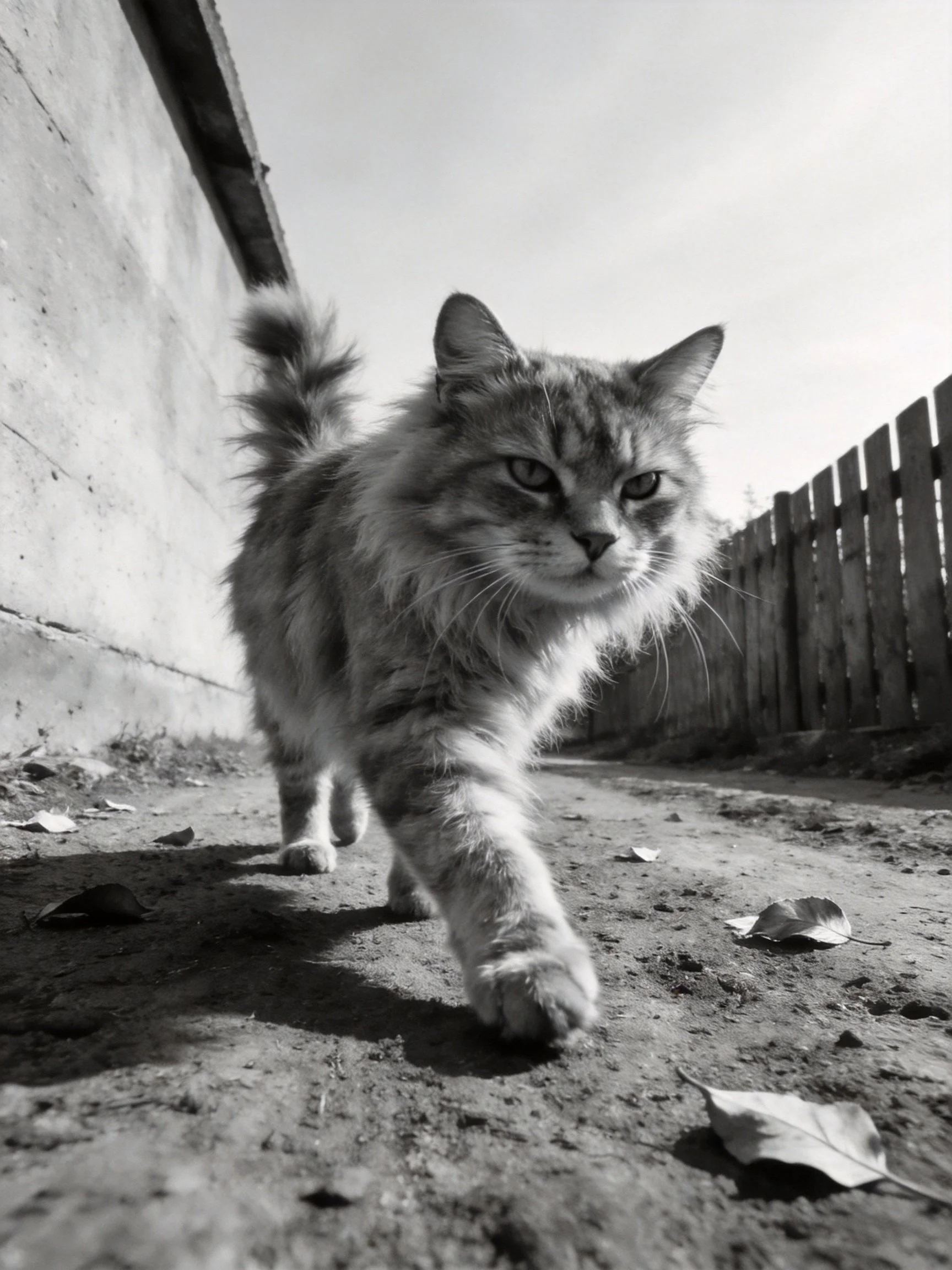 A long - haired tabby cat walks along a dirt path near a concrete wall and wooden fence