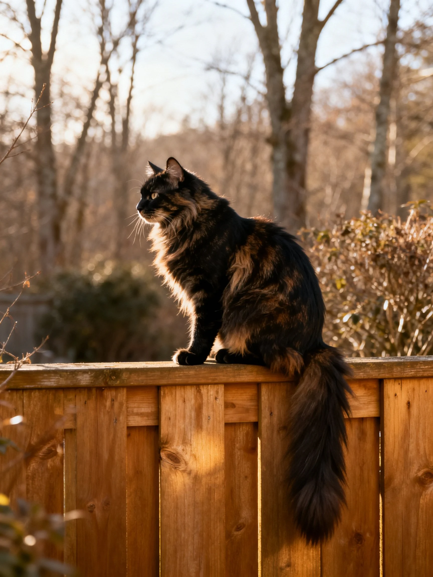 A long-haired tortoiseshell cat sits on a wooden fence amid trees