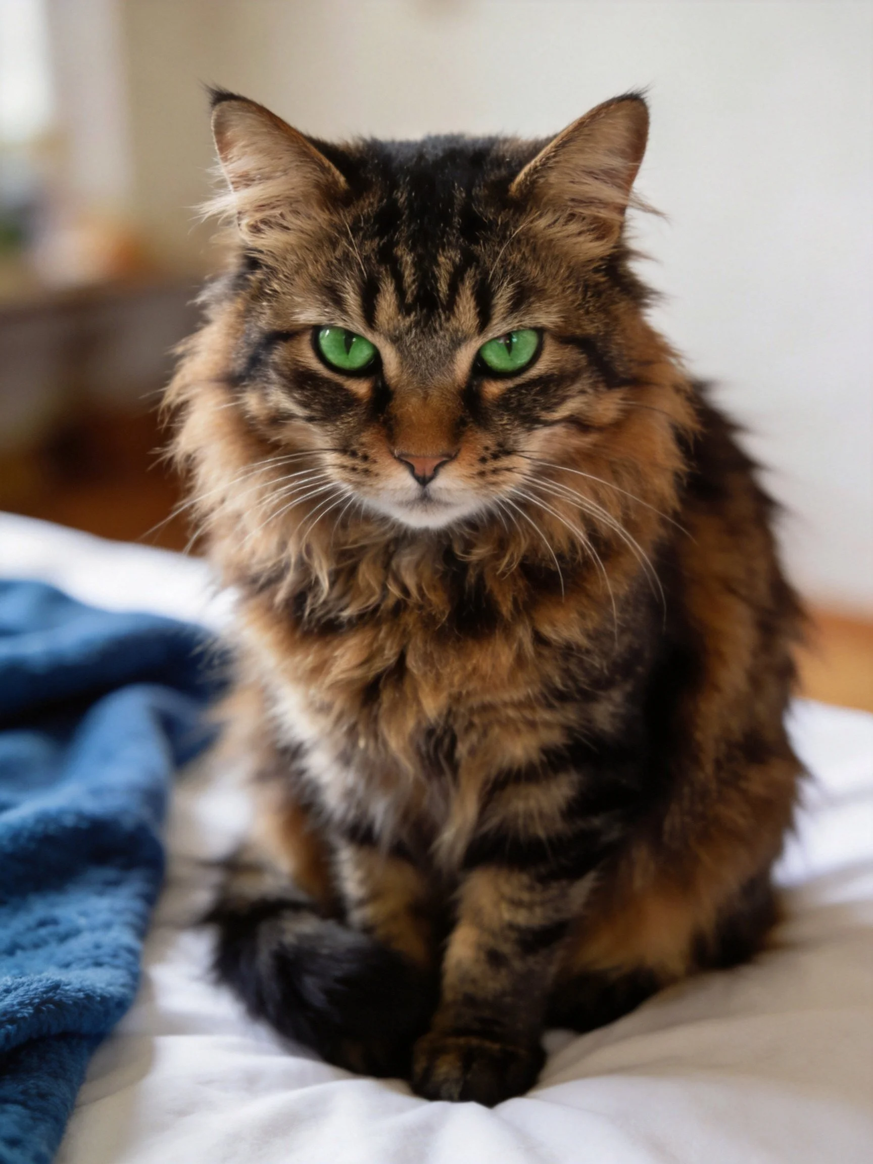 A long - haired tortoiseshell cat with green eyes sits on white bedding