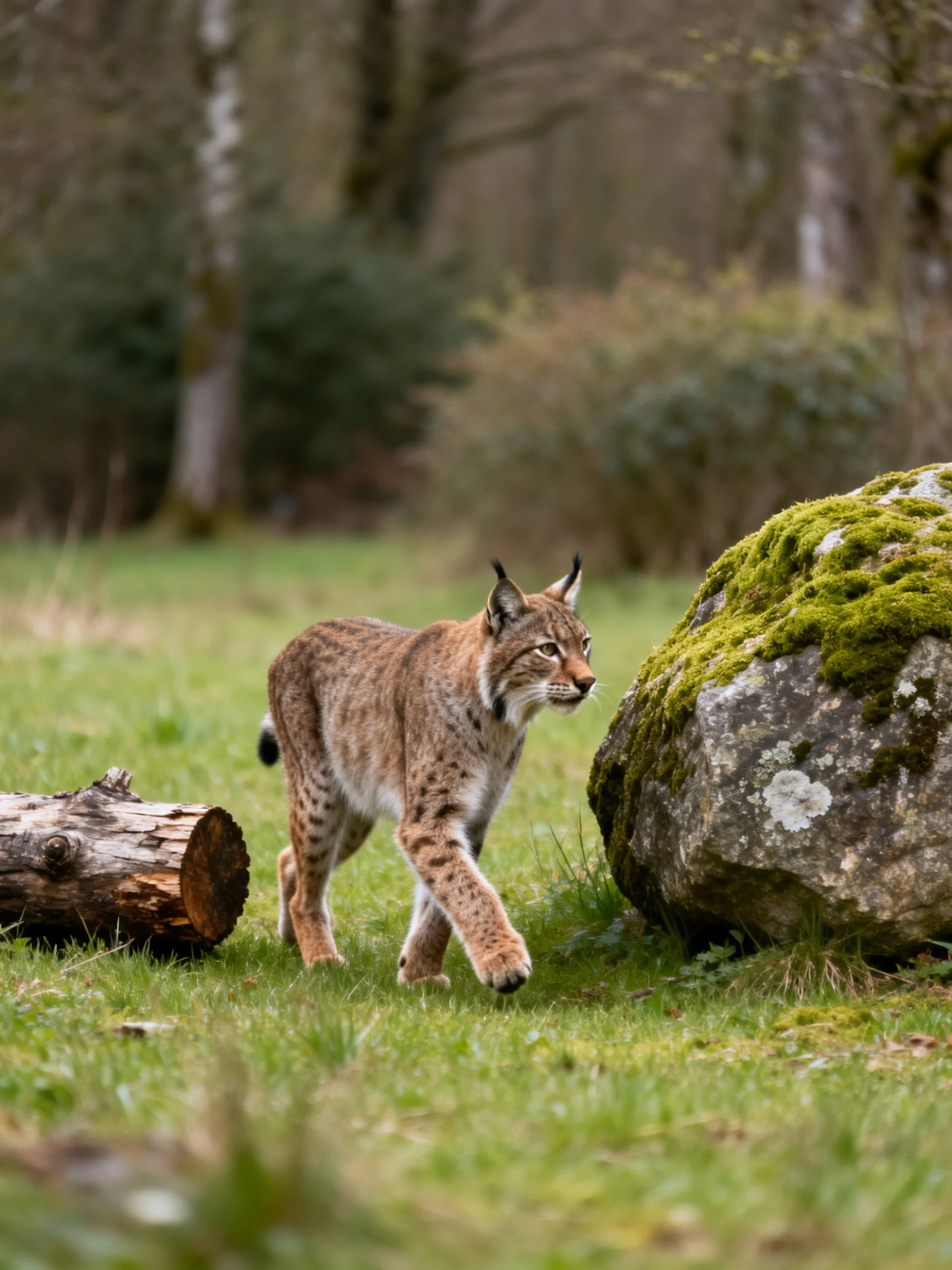 A lynx explores a forest clearing with mossy rocks and logs