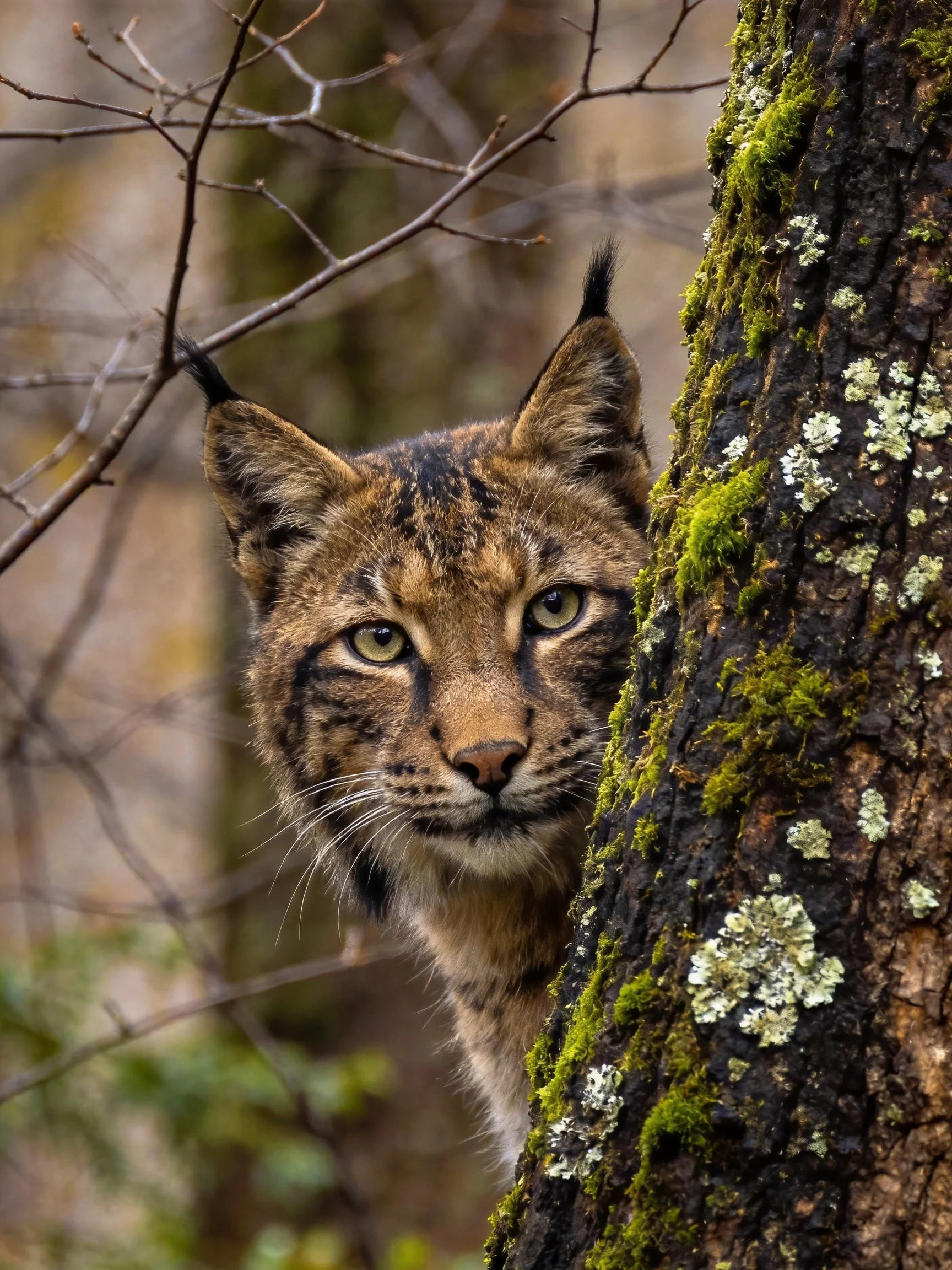A lynx peeks from behind a moss-covered tree trunk