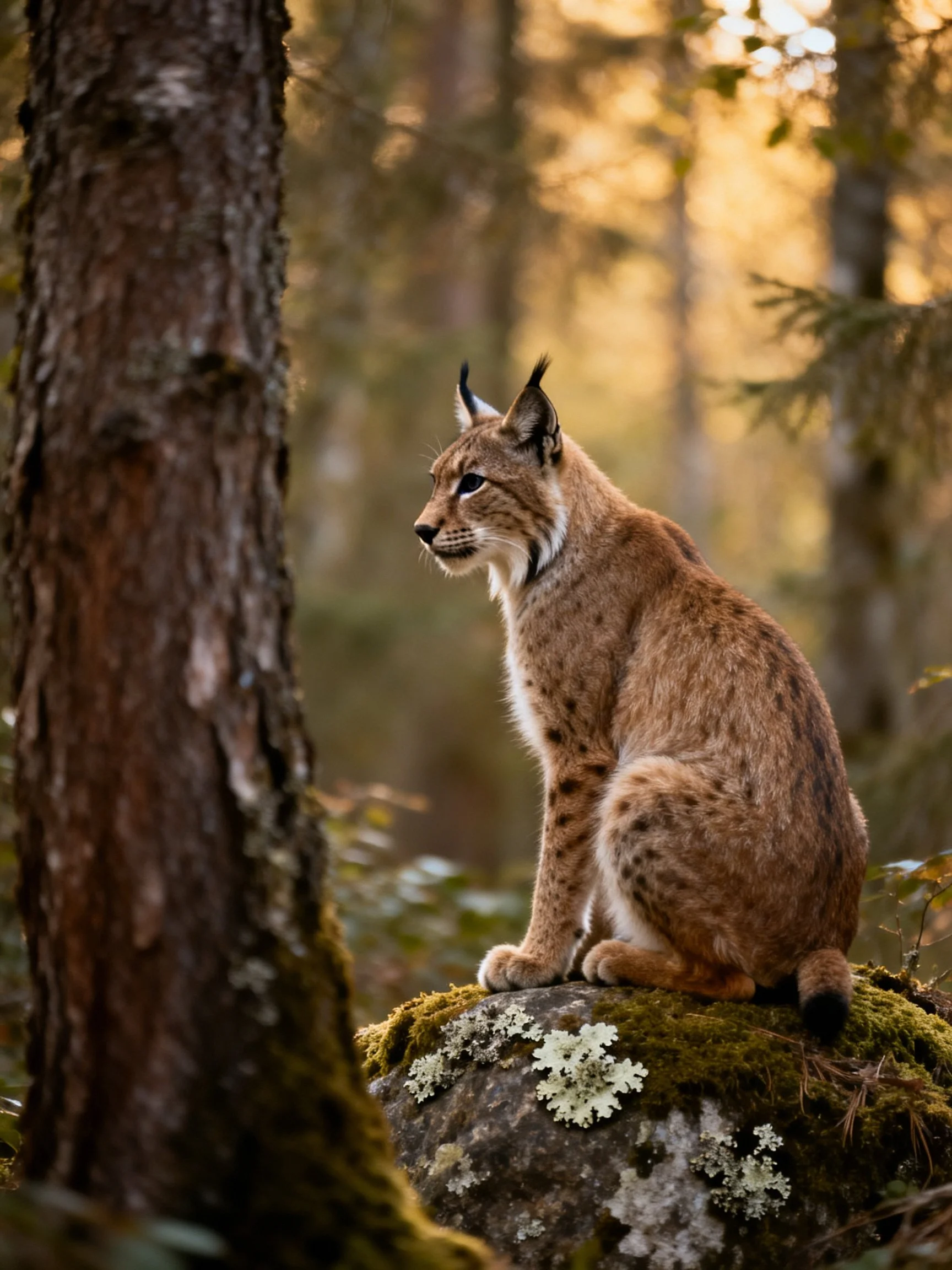 A lynx sits on a moss-covered rock in a sunlit forest