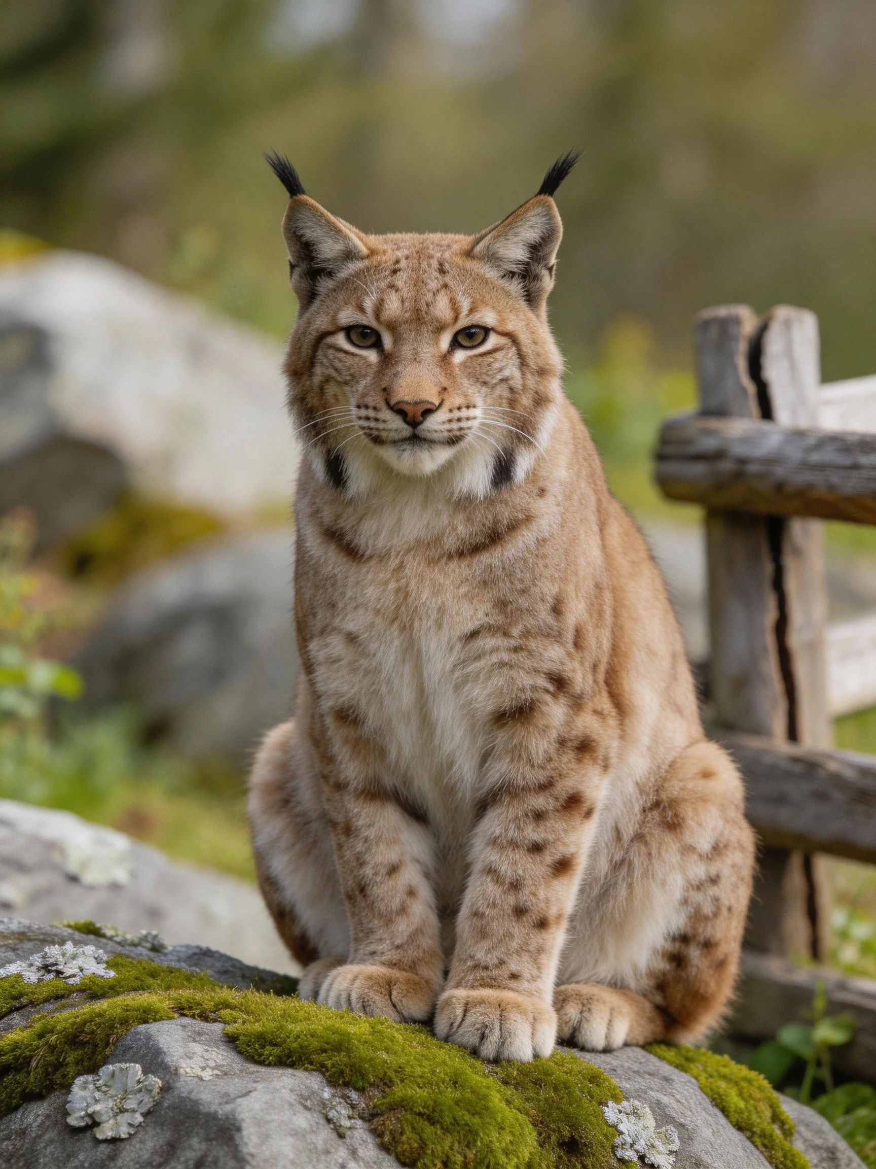 A lynx sits on mossy rocks near a wooden fence