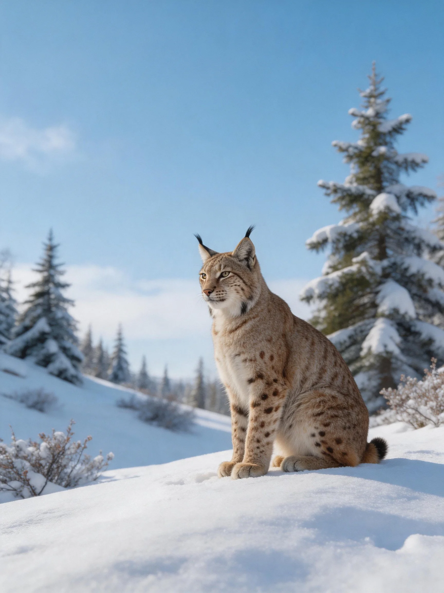 A lynx sits on snow near snow-coveredaden pines under a bright blue sky