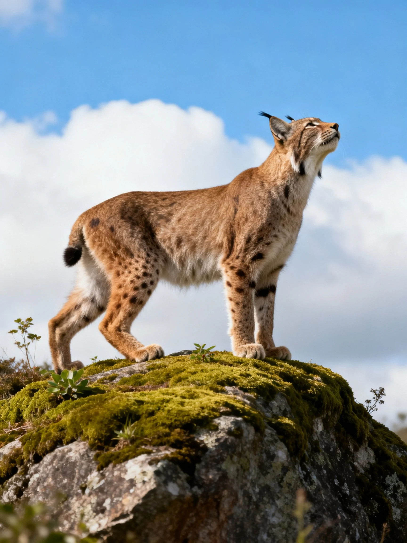 A lynx stands on a mossy rock under a bright blue sky with clouds