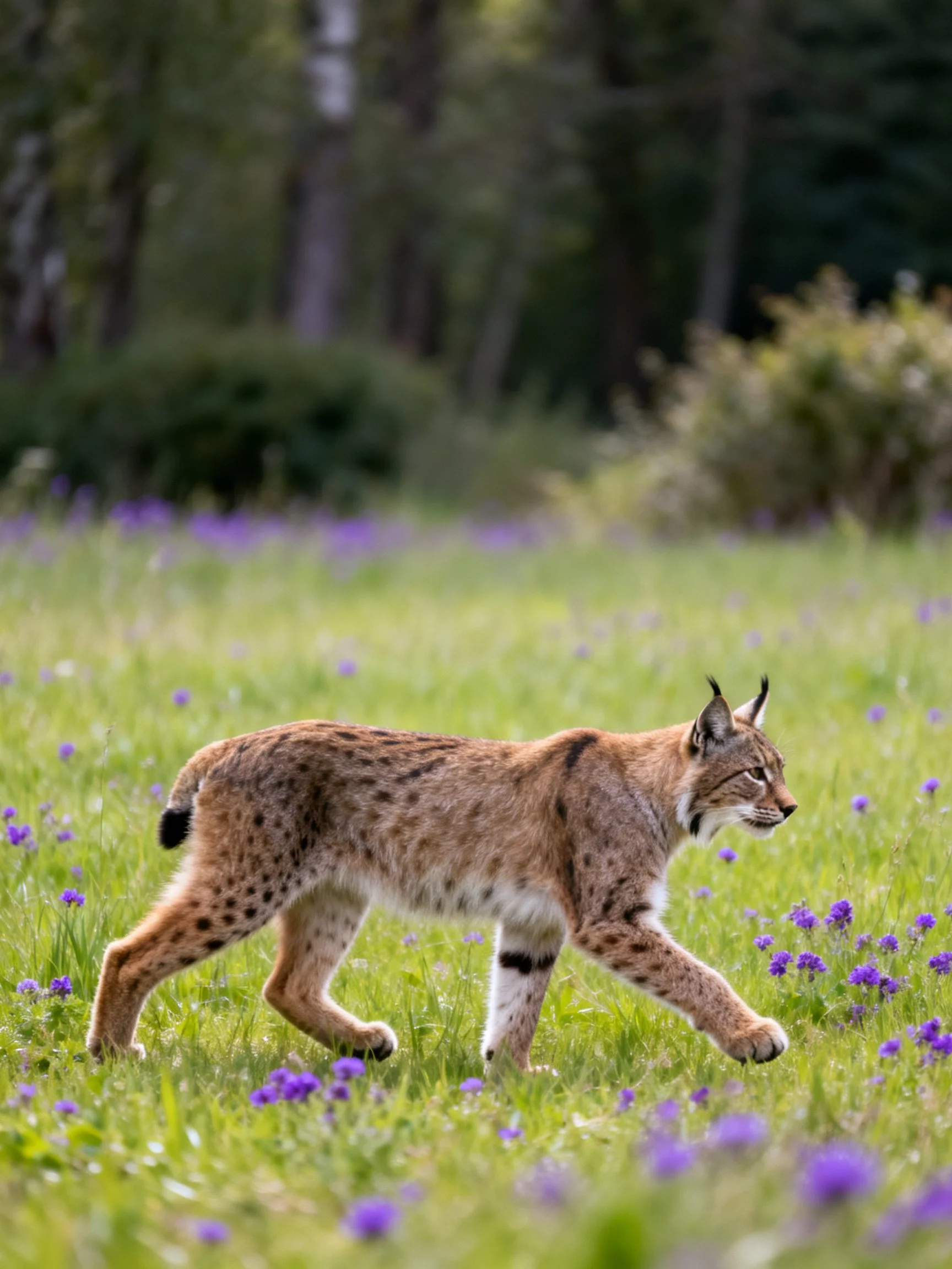 A lynx traverses a lush meadow dotted with purple wildflowers