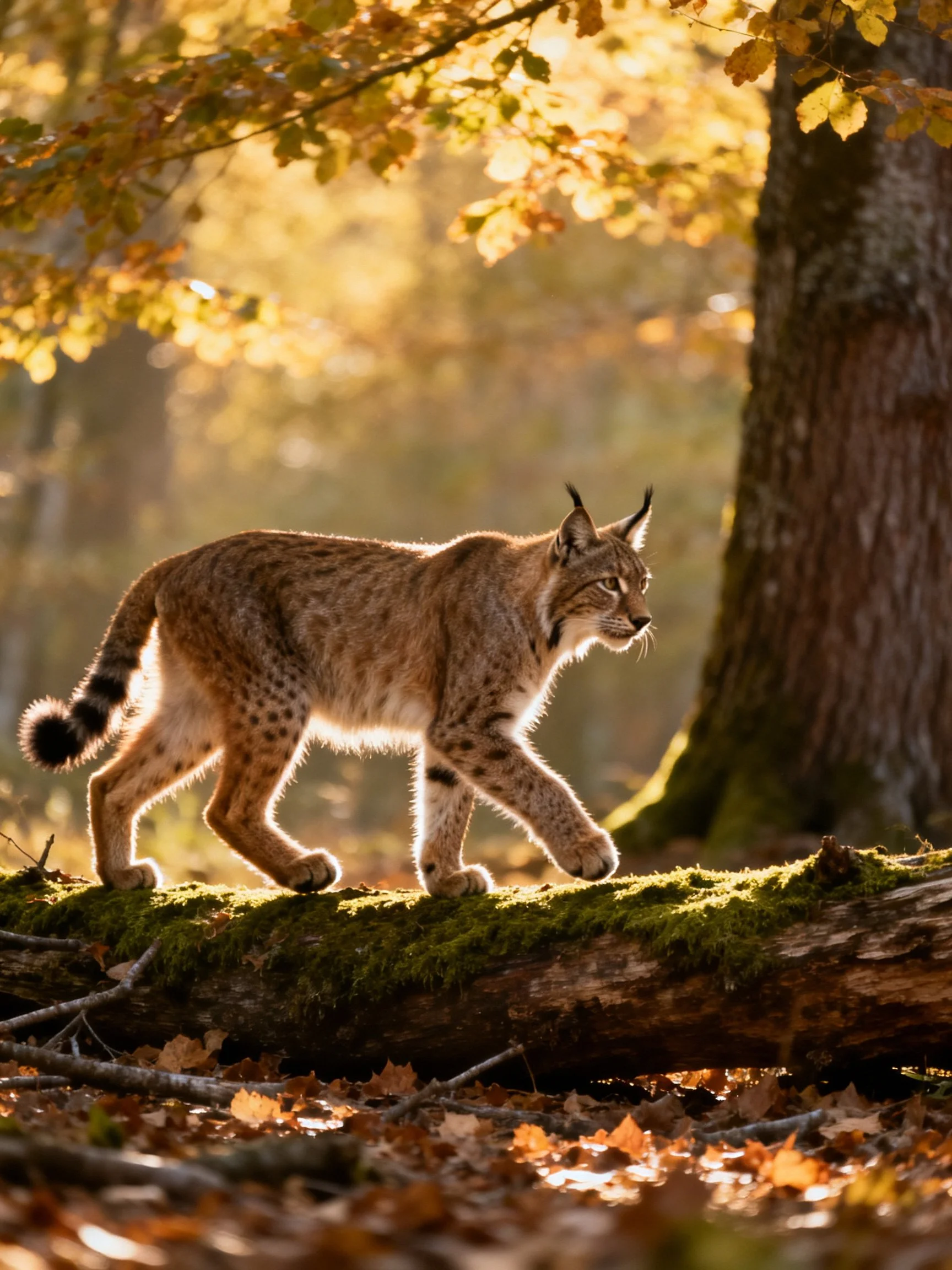 A lynx traverses a moss-laden log through golden autumn woods