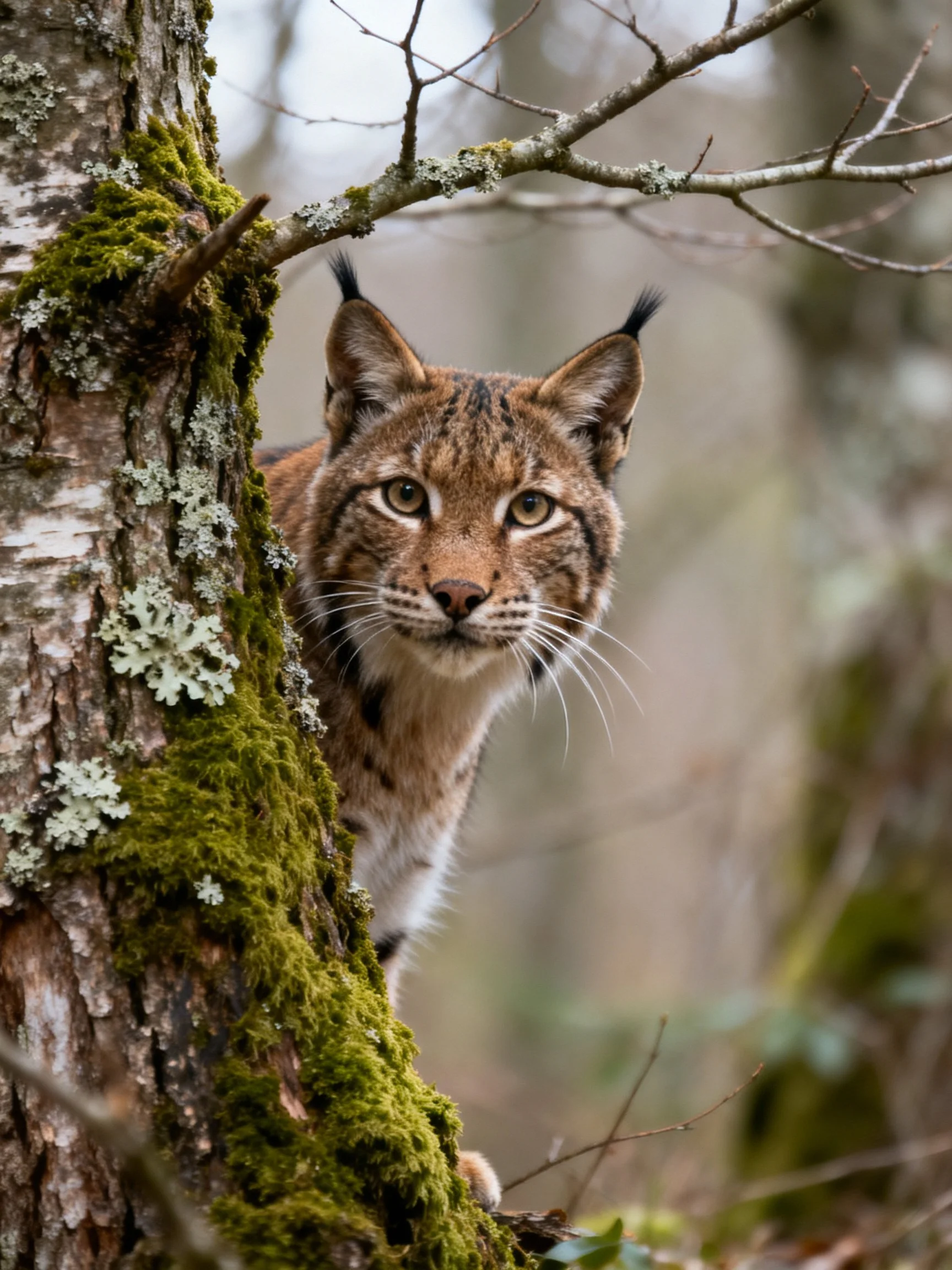 A lynx with black-tufted ears hides behind a moss-covered tree trunk